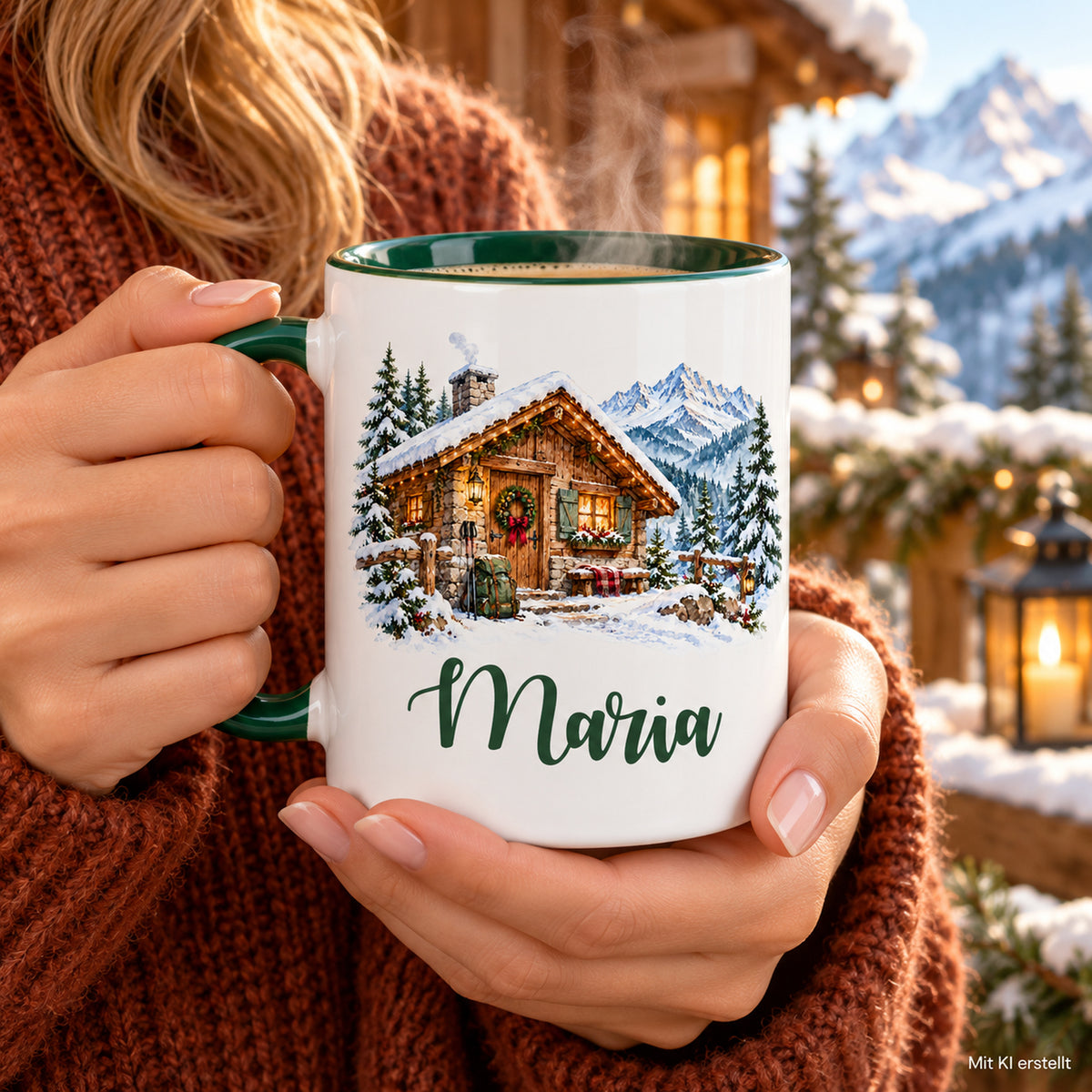 Hände halten eine Namenstasse: weihnachtliche Berghütte.