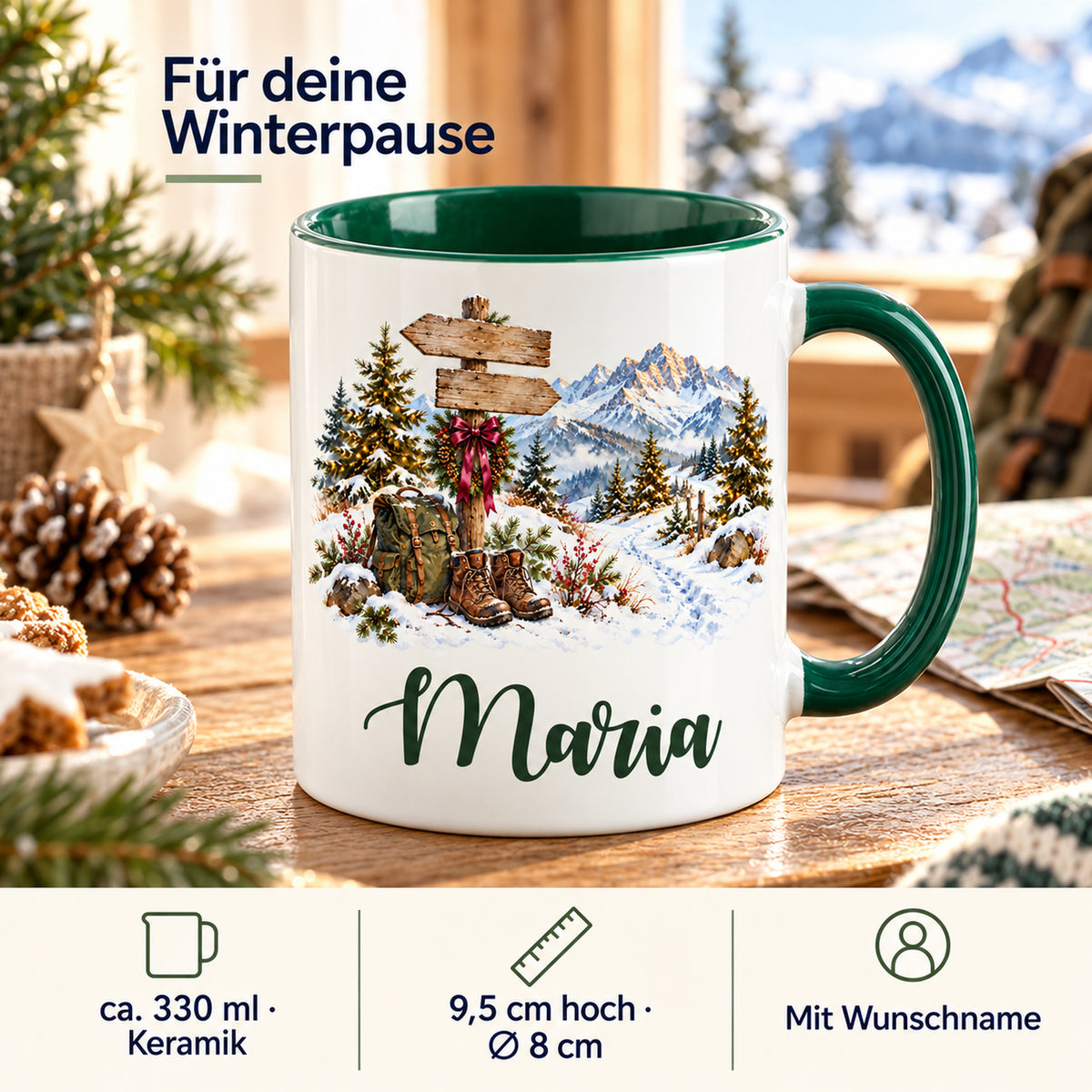 Infografik zu Größe und Personalisierung: Wegweiser vor verschneiten Bergen.