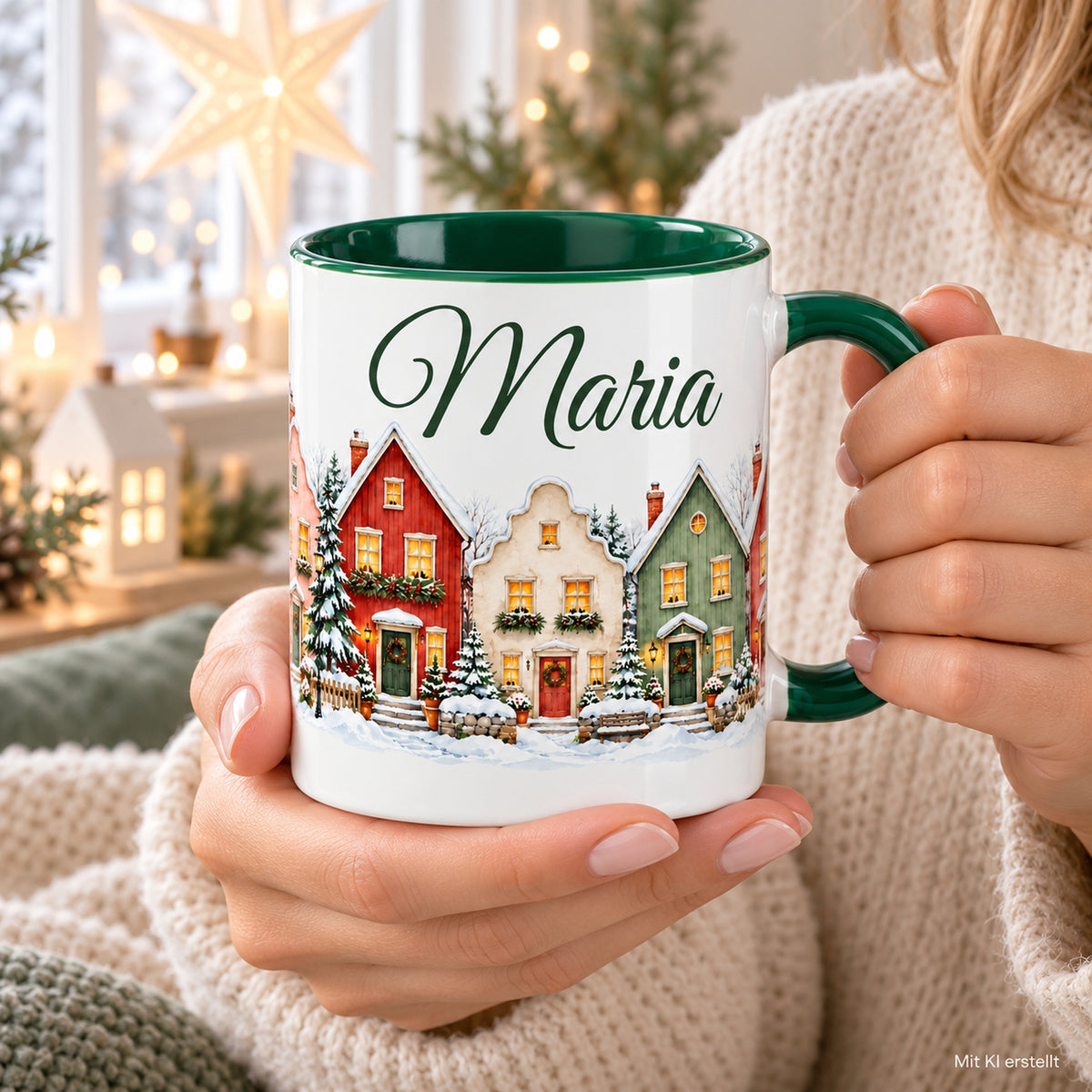 Hände halten die personalisierte Tasse Giebelgasse mit grünem Henkel.