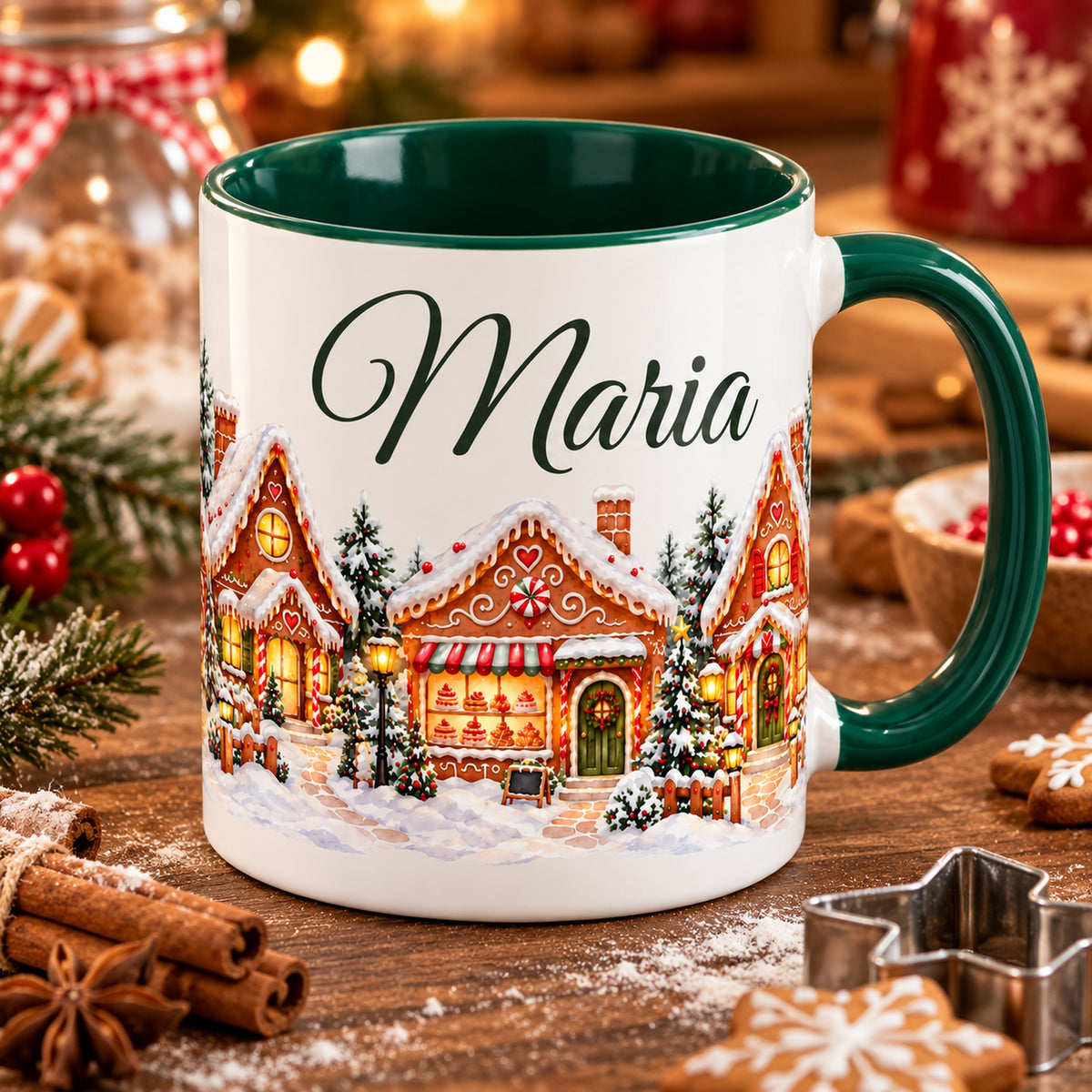 Personalisierte Tasse Lebkuchendorf auf einem Backtisch mit Plätzchen, Zimt und Sternausstecher.