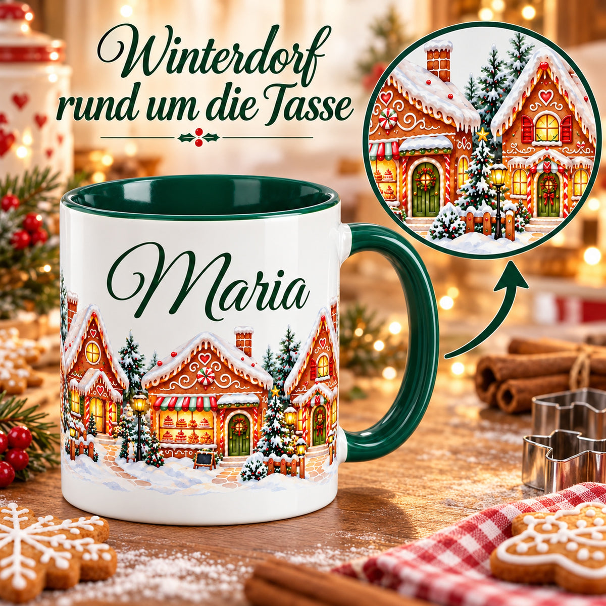 Tasse Lebkuchendorf mit rundem Detailausschnitt eines weiteren Abschnitts des Winterdorf-Panoramas.