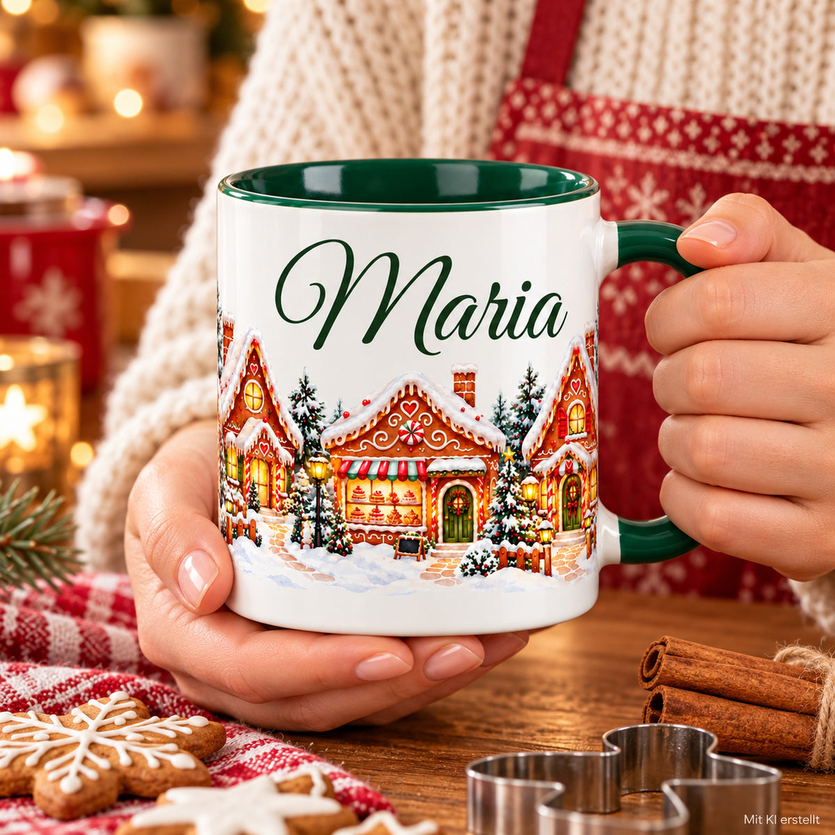 Hände halten die personalisierte Tasse Lebkuchendorf mit grünem Henkel.