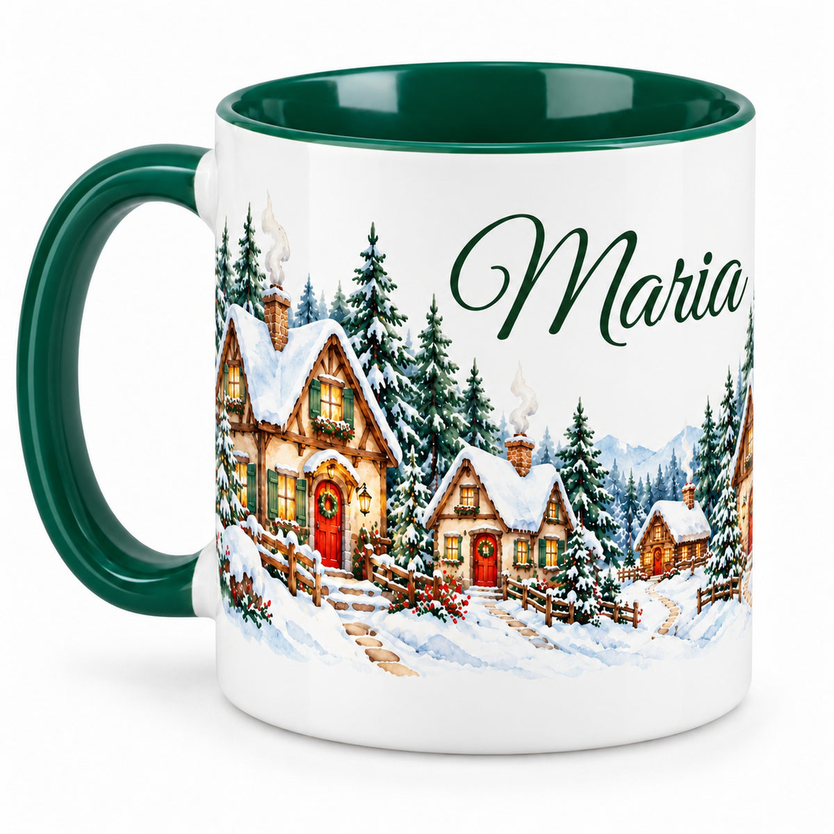 Tasse Waldhäuschen mit grünem Henkel links und einem weiteren Abschnitt des Häuserpanoramas.
