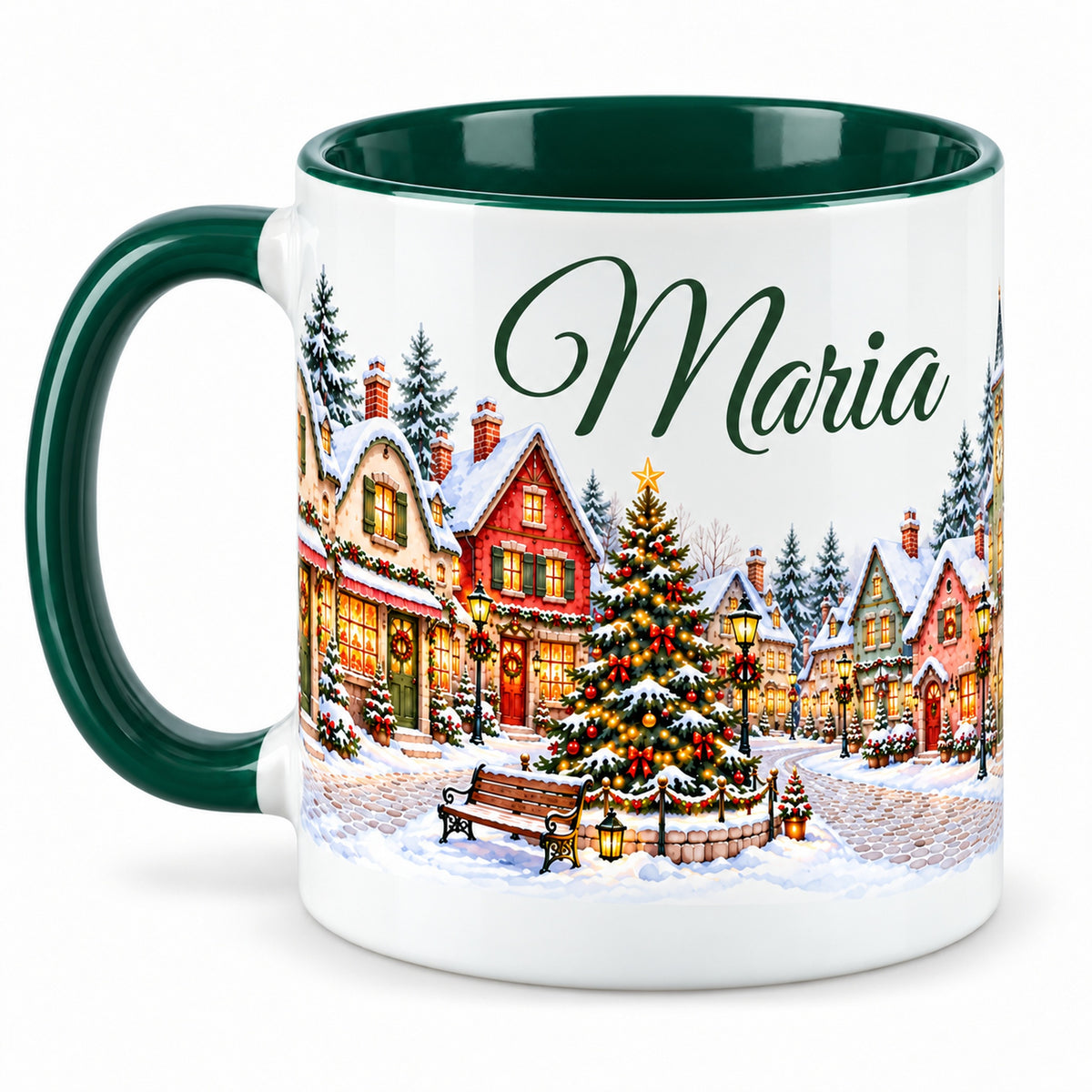 Tasse Dorfplatz mit grünem Henkel links und einem weiteren Abschnitt des Häuserpanoramas.
