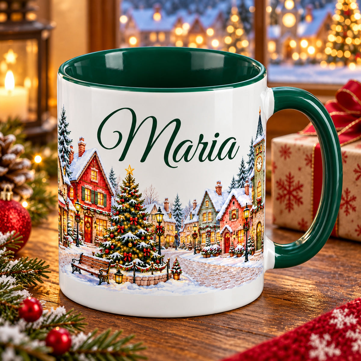 Personalisierte Tasse Dorfplatz auf einem Holztisch neben weihnachtlichen Geschenken.