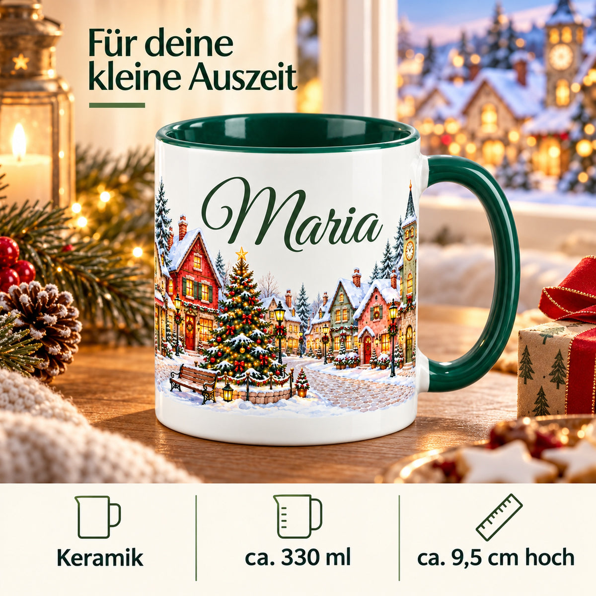 Winterdorf-Tasse Dorfplatz mit Angaben zu Keramik, ca. 330 ml und 9,5 cm Höhe.