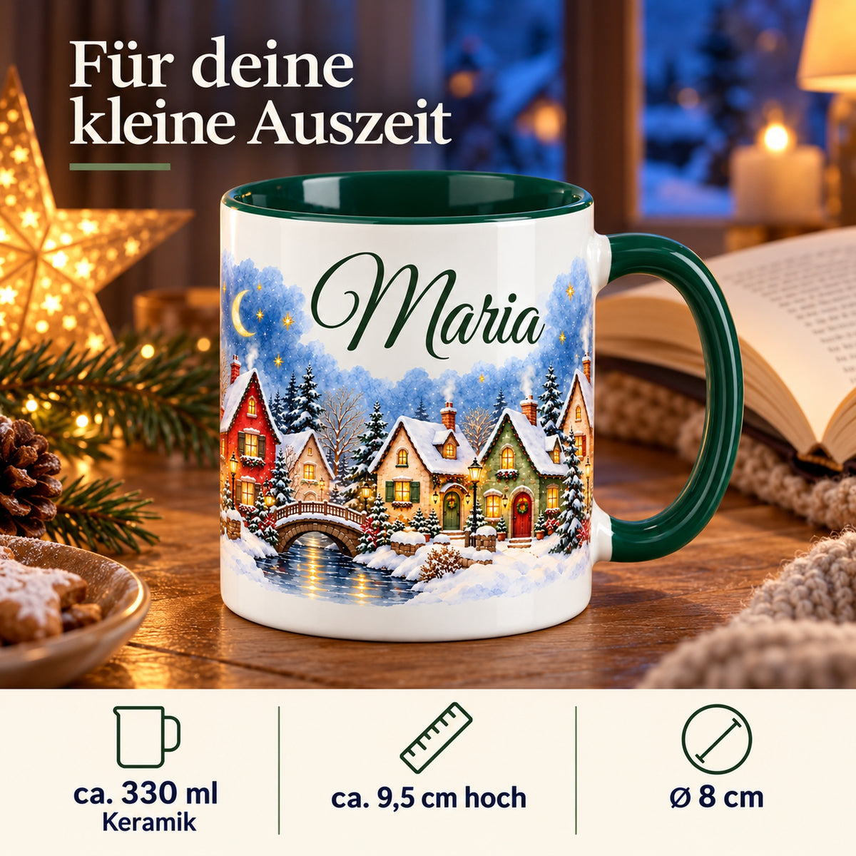 Winterdorf-Tasse Sternennachtdorf mit Angaben zu Keramik, ca. 330 ml und 9,5 cm Höhe.