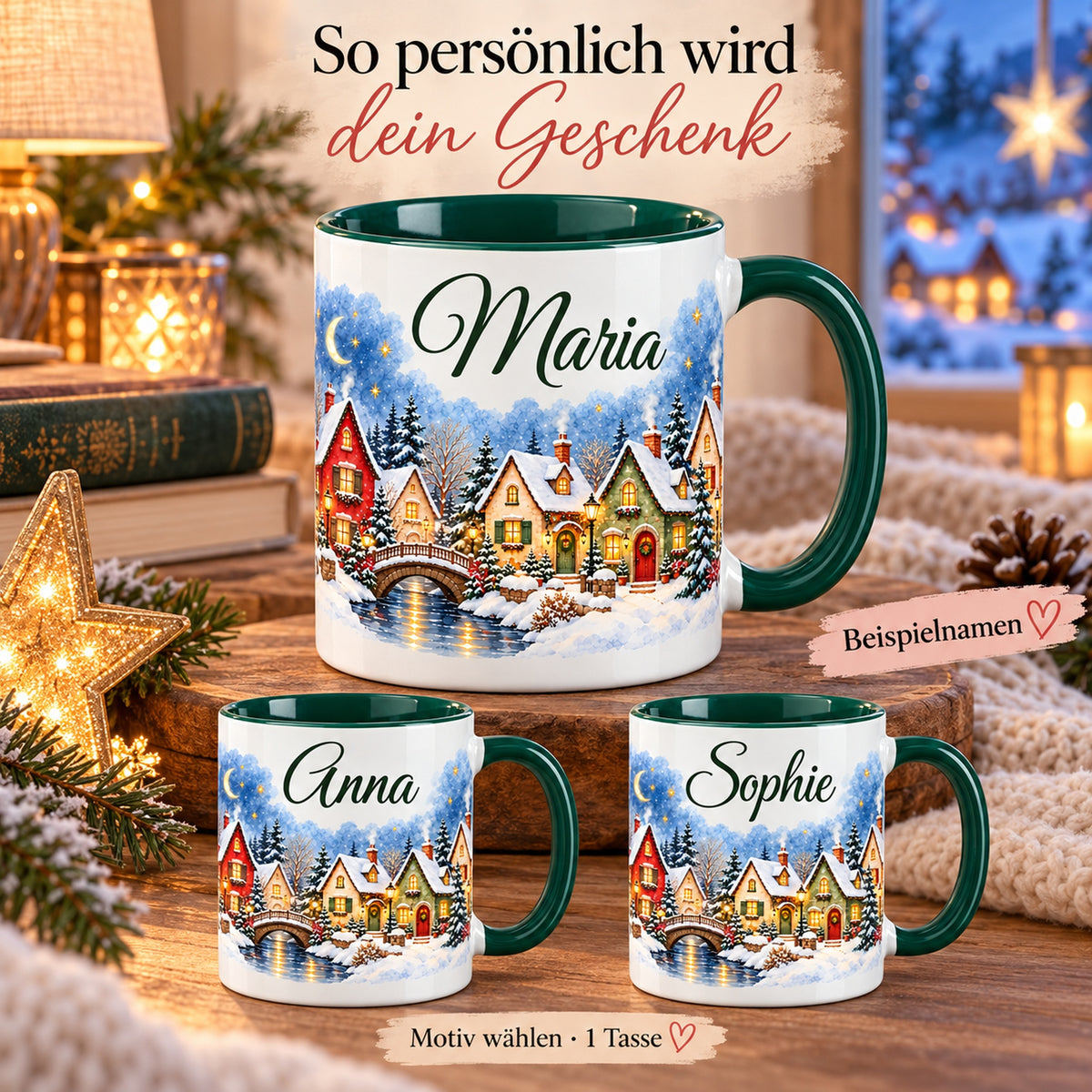 Drei Tassen Sternennachtdorf mit gekennzeichneten Namensbeispielen; geliefert wird eine Tasse im gewählten Motiv.