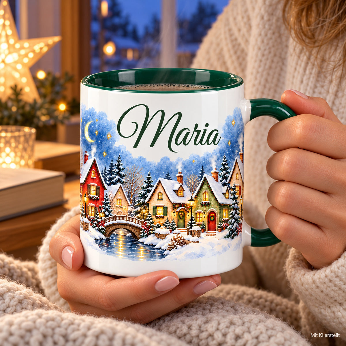 Hände halten die personalisierte Tasse Sternennachtdorf mit grünem Henkel.