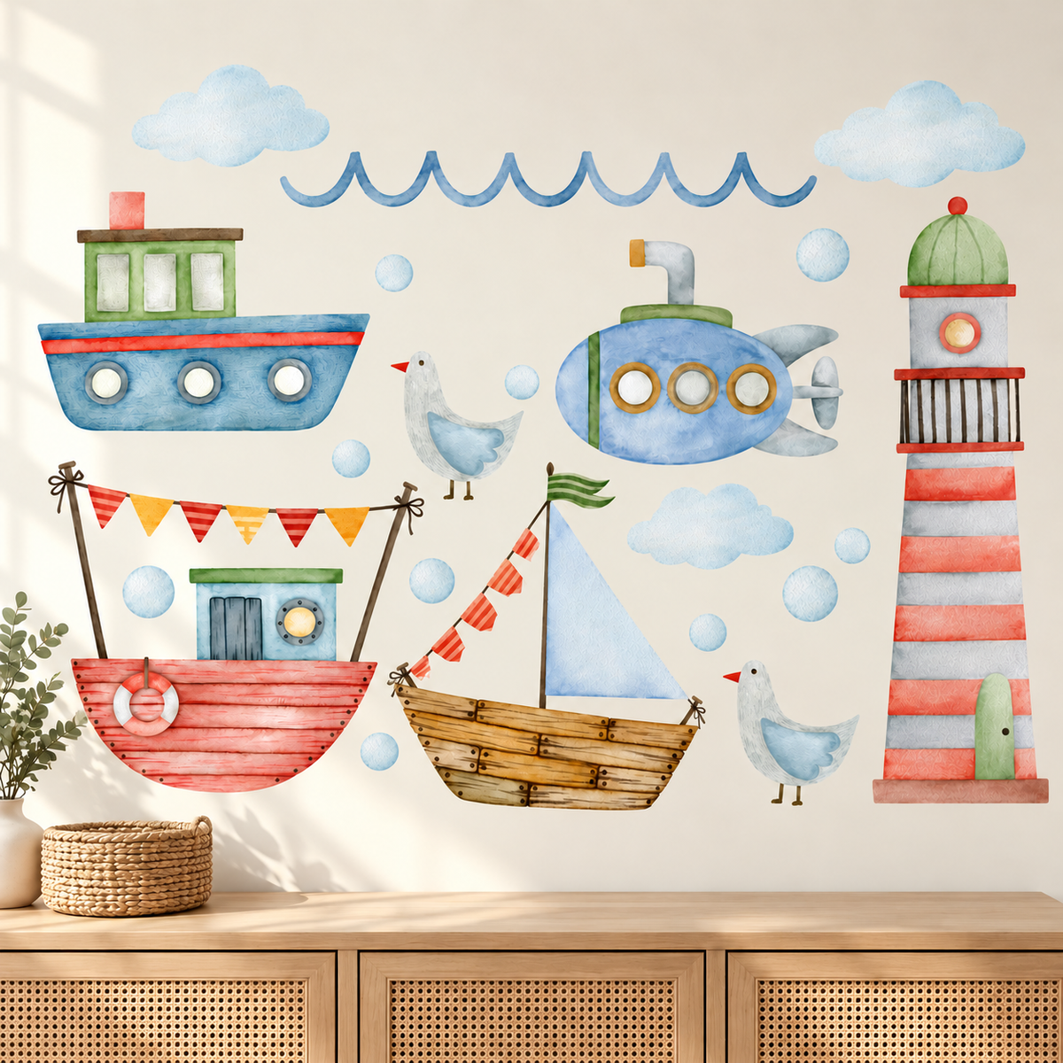Maritimes Wandtattoo-Set mit drei Booten, U-Boot, Leuchtturm, Möwen und Wolken über einer hellen Holzkommode.