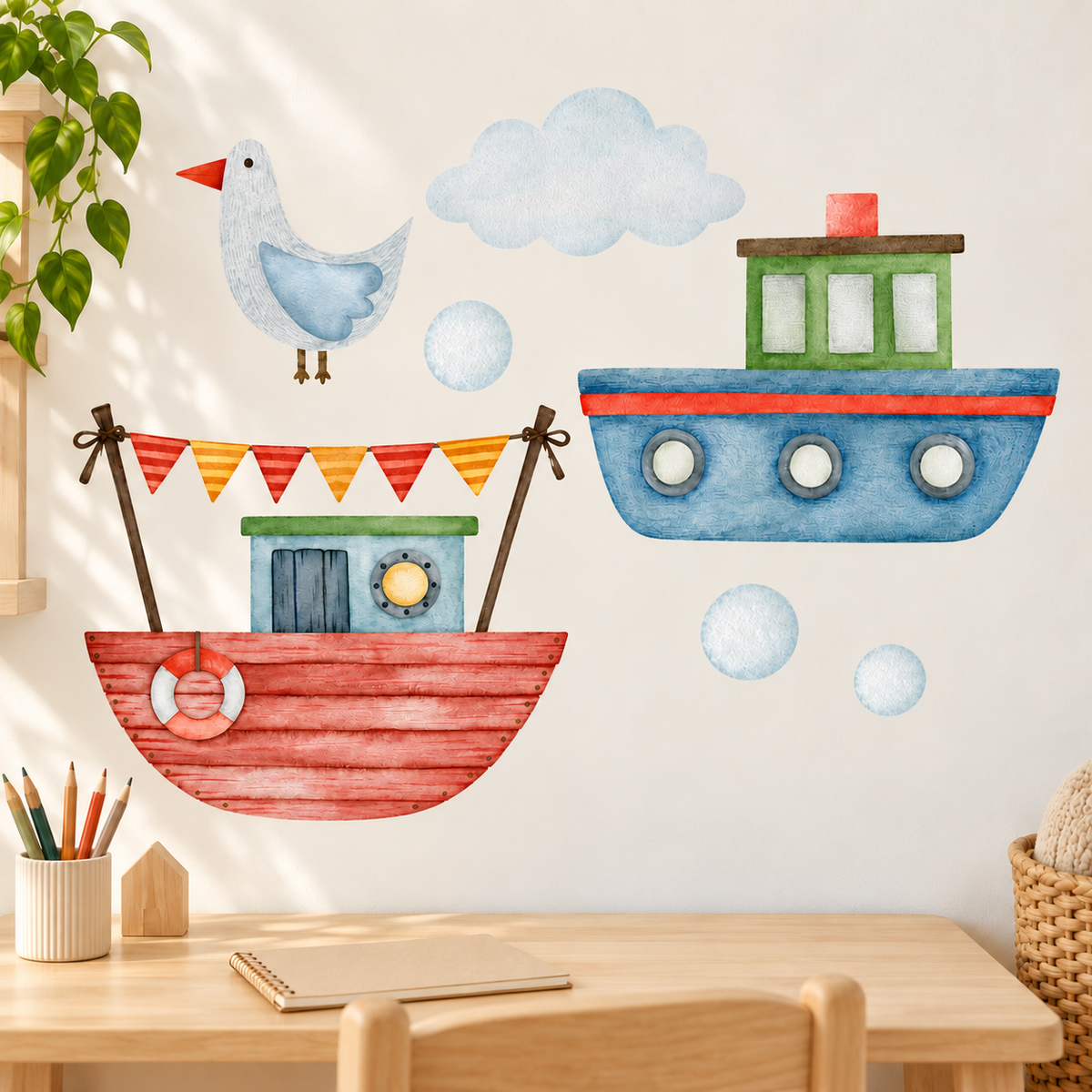Rotes Boot, blaugrünes Motorboot, Möwe und Wolke als Wandtattoo-Gruppe über einem Kindertisch.