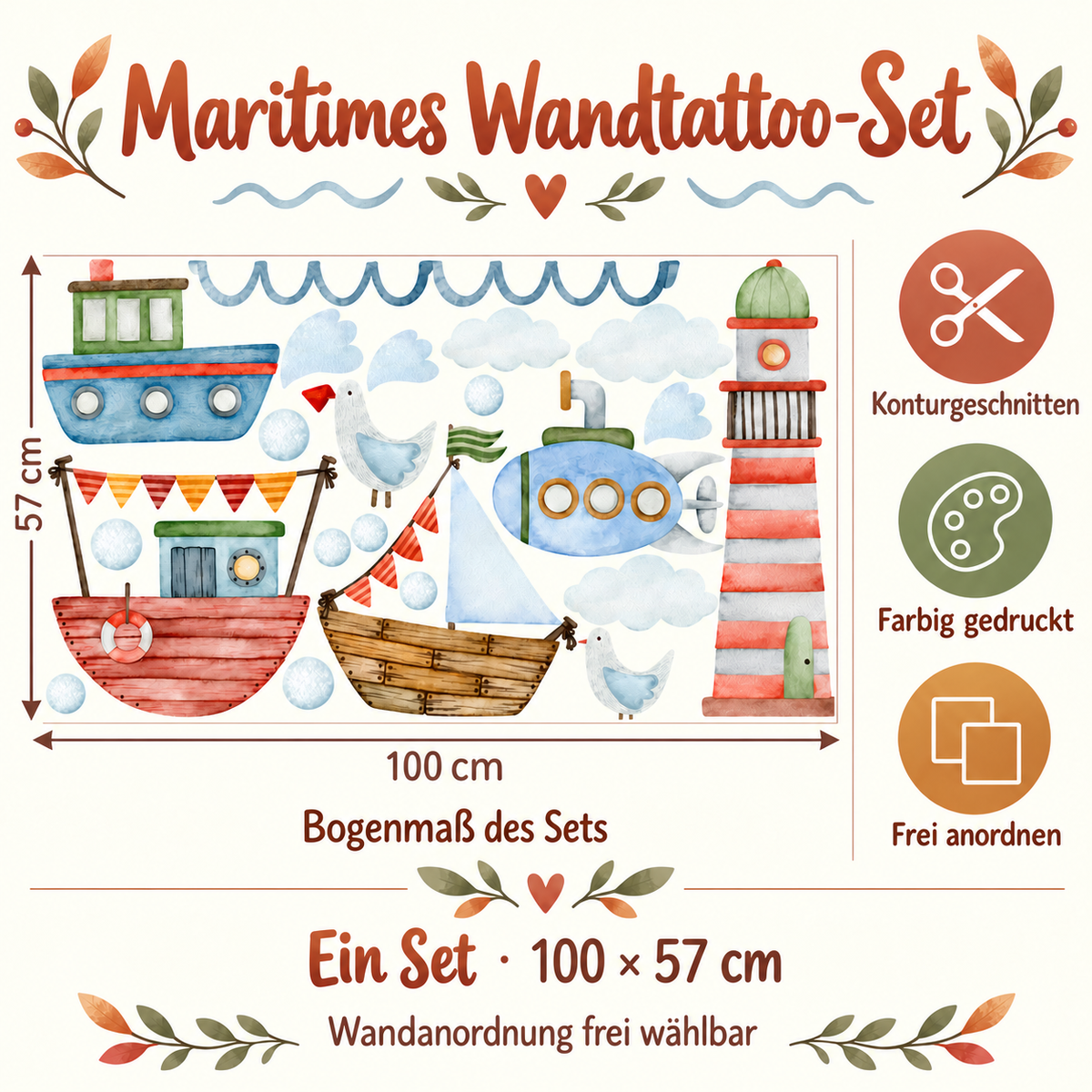 Übersicht des maritimen Wandtattoo-Bogens mit Maßangabe 100 × 57 cm, einem Set und den Eigenschaften konturgeschnitten, farbig gedruckt und frei anordnen.