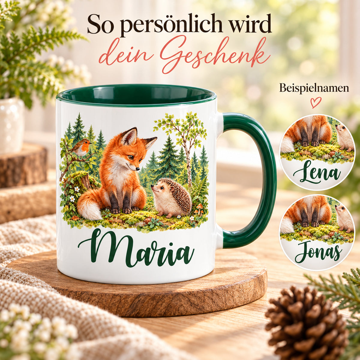 Namenstasse mit Fuchs, Igel und Rotkehlchen, daneben zwei runde Ausschnitte mit unterschiedlichen Beispielnamen.