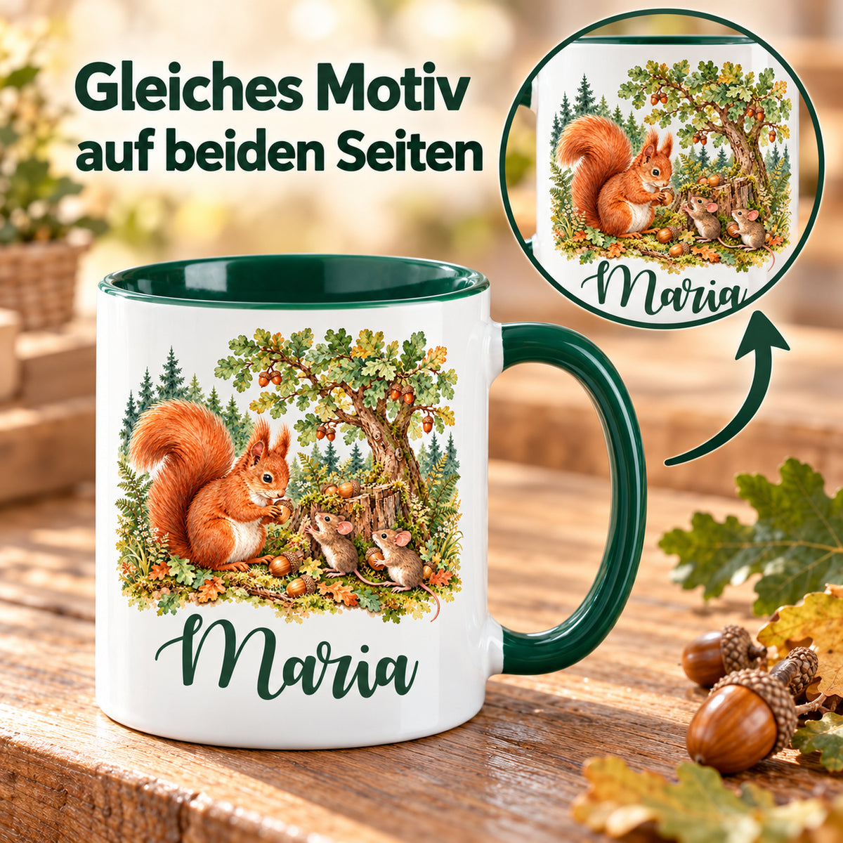 Tasse mit Eichhörnchen und Mäusen und rundem Motivdetail; Hinweis auf dasselbe Motiv auf beiden Seiten.