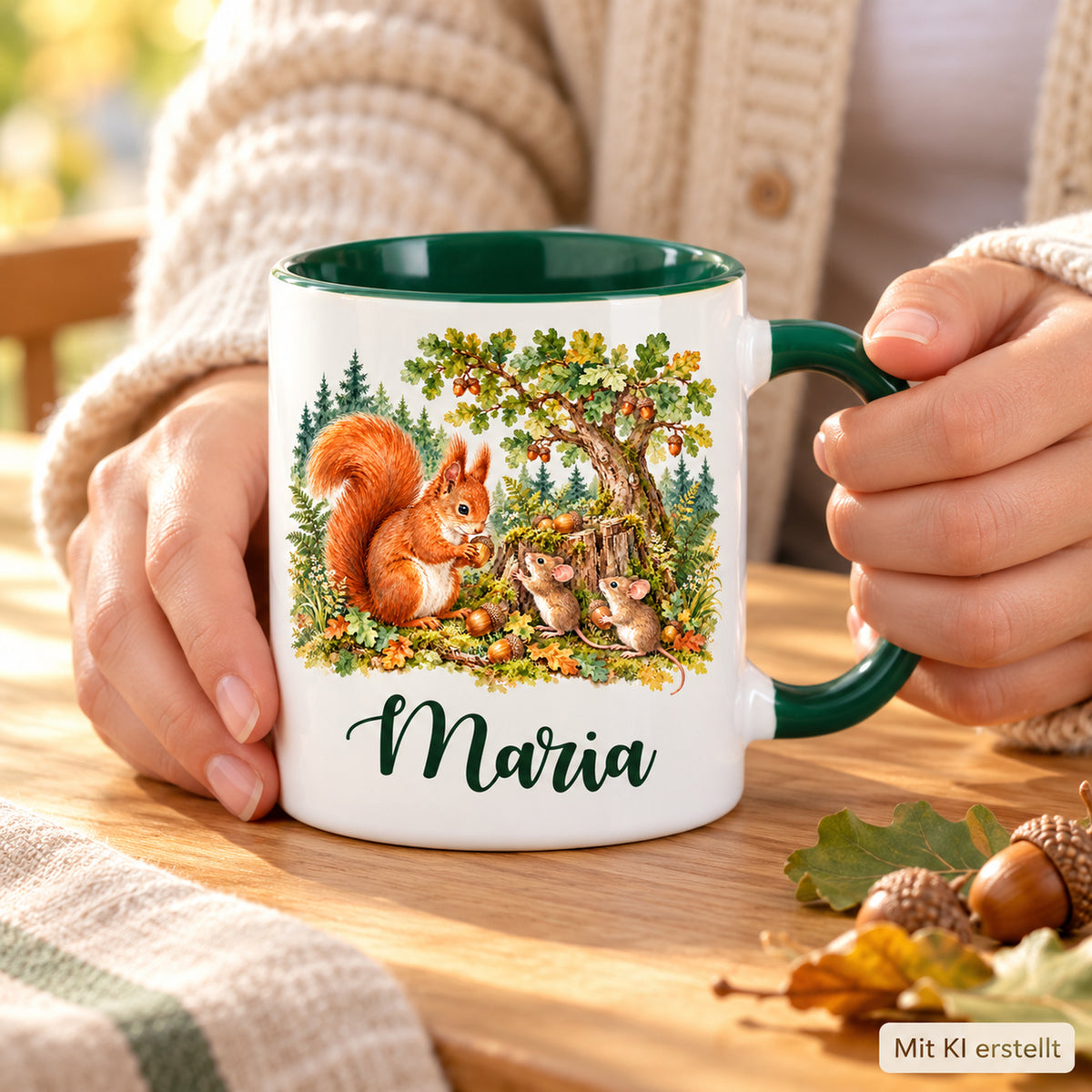 Zwei Hände halten die Namenstasse mit Eichhörnchen und Mäusen am Holztisch.