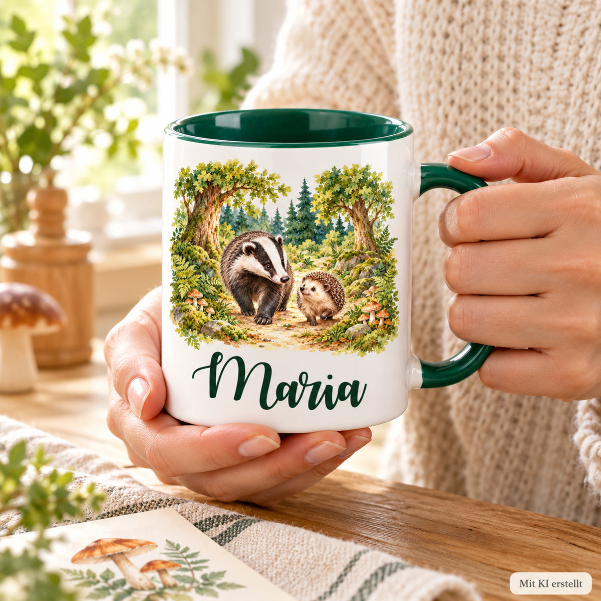 Zwei Hände halten die Tasse mit Dachs, Igel und Wunschname vor einem hellen Strickpullover.