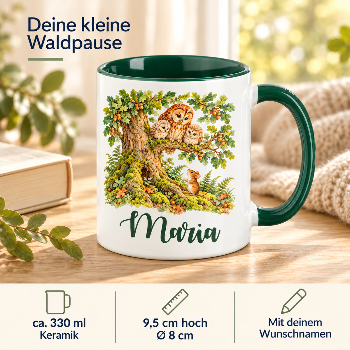 Tasse mit Eulenfamilie und Maus: Infografik zu ca. 330 ml, Keramik, Maßen und Wunschnamen.