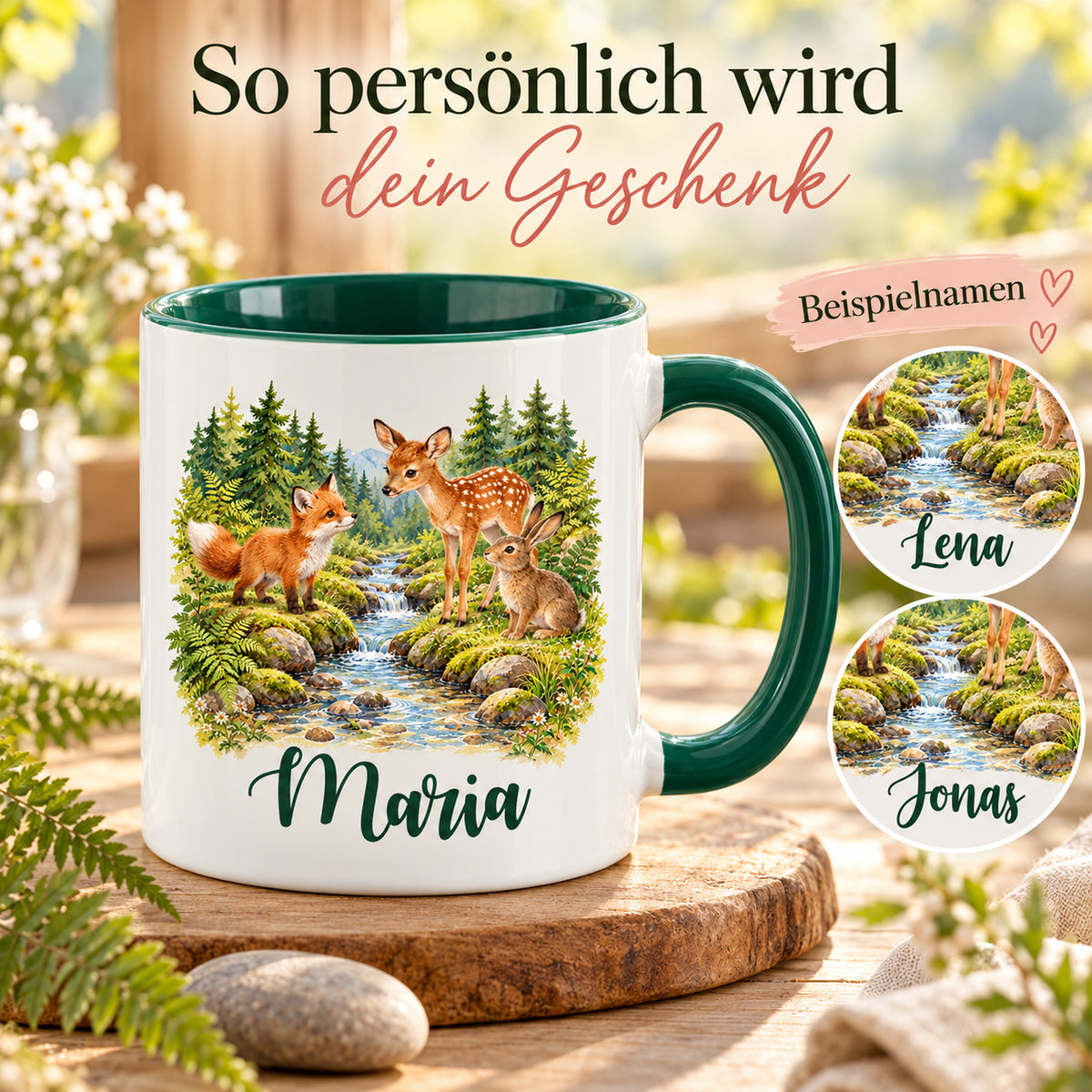 Namenstasse mit Fuchs, Rehkitz und Hasen am Bach, daneben zwei runde Ausschnitte mit unterschiedlichen Beispielnamen.