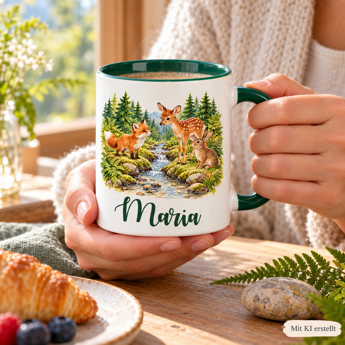 Zwei Hände halten die Waldtiertasse mit Fuchs, Rehkitz und Hase über einem gedeckten Frühstückstisch.