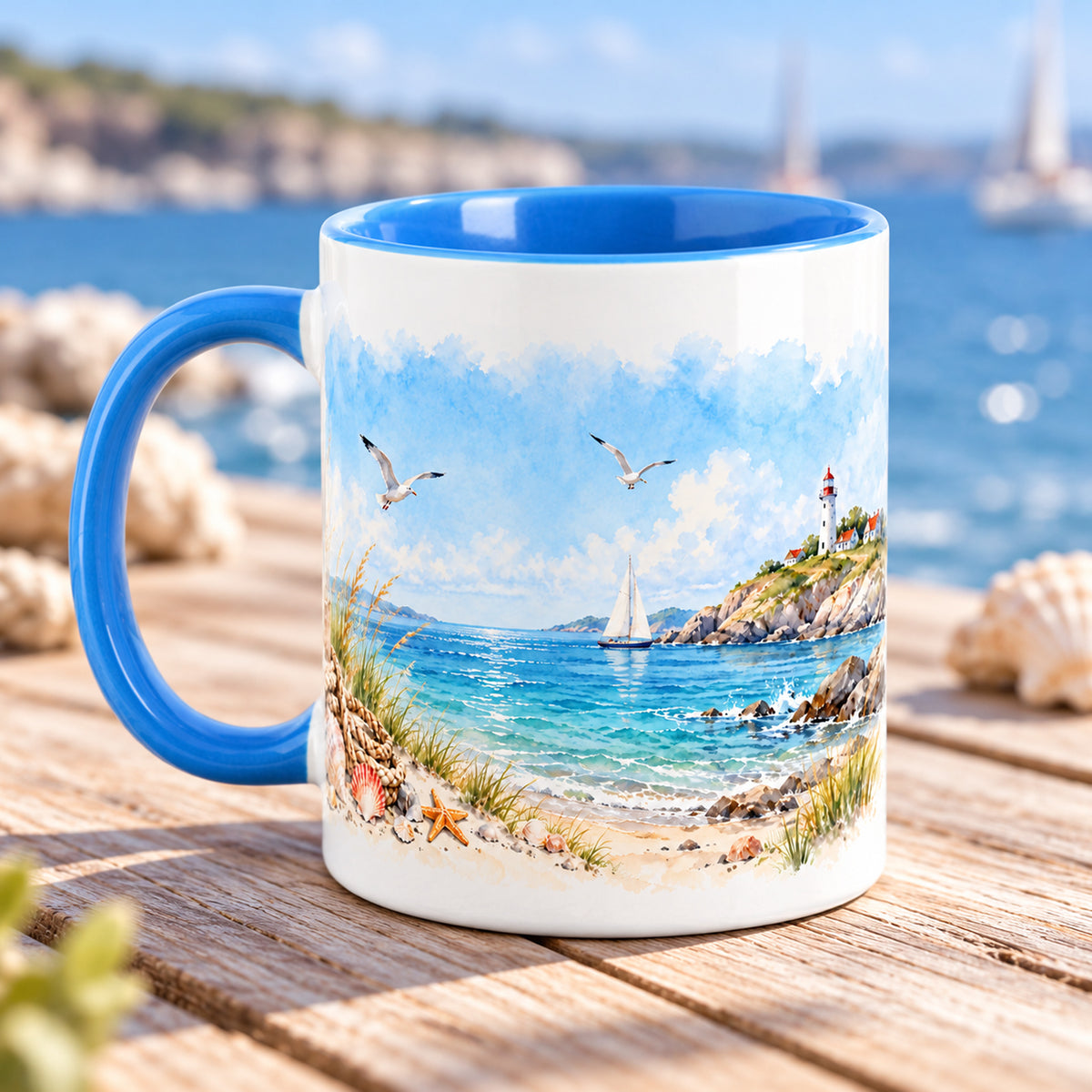 Weitere Ansicht der maritimen Tasse mit Segelbooten und umlaufender Küstengestaltung
