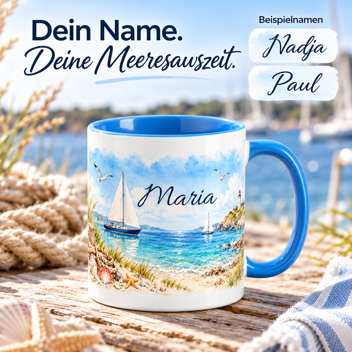 Maritime Tasse mit Wunschname und weiteren Namensbeispielen