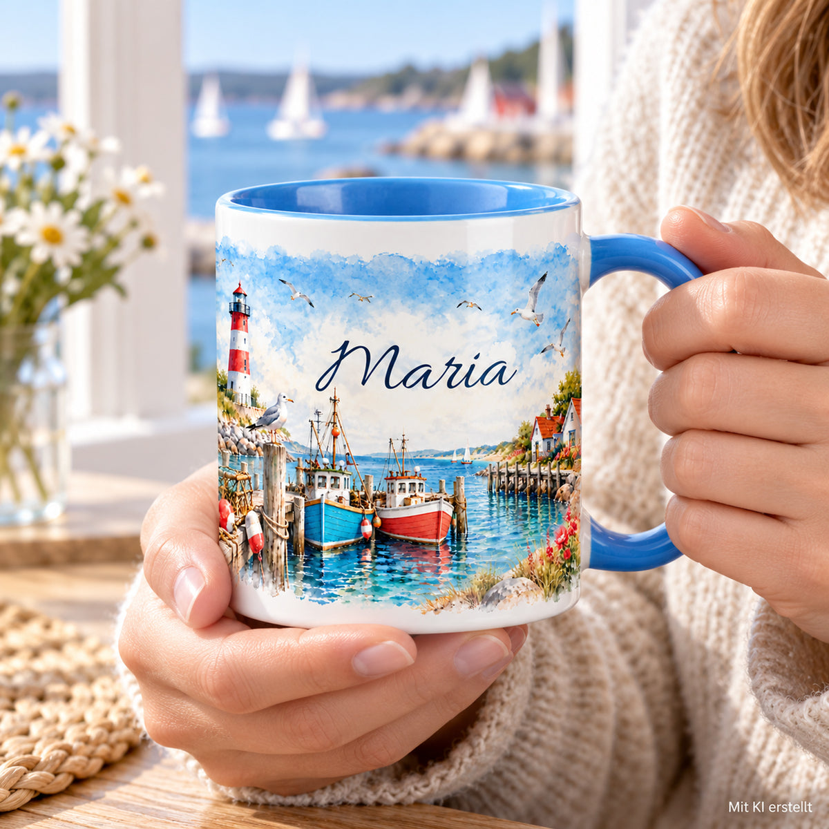 Hände halten eine maritime Tasse mit Wunschname und hellblauem Henkel