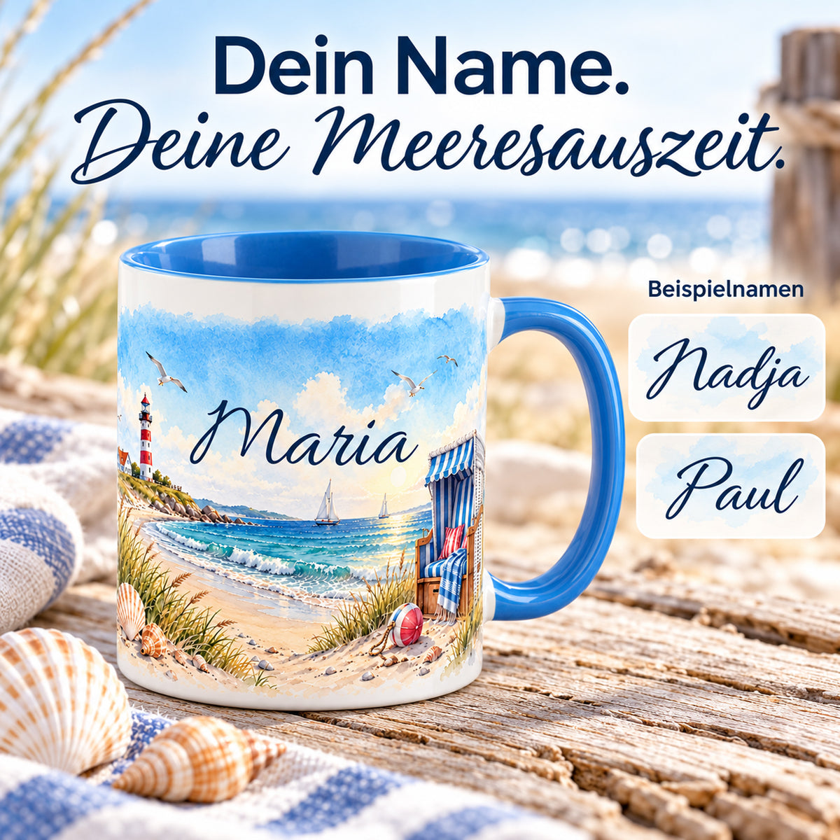 Maritime Tasse mit Wunschname und weiteren Namensbeispielen