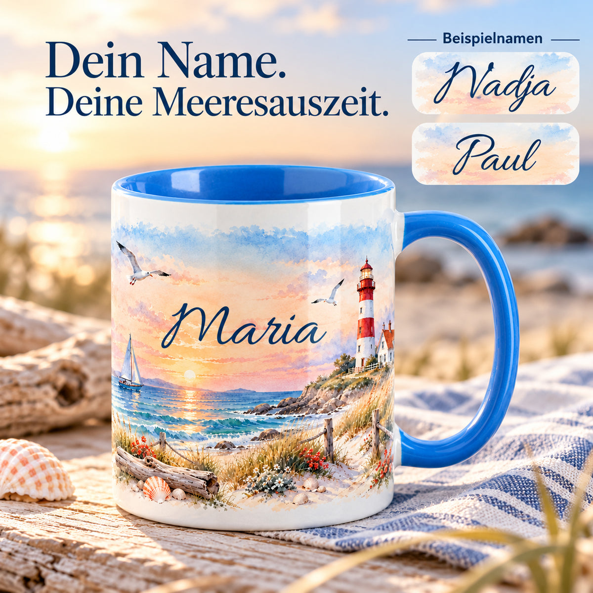 Maritime Tasse mit Wunschname und weiteren Namensbeispielen