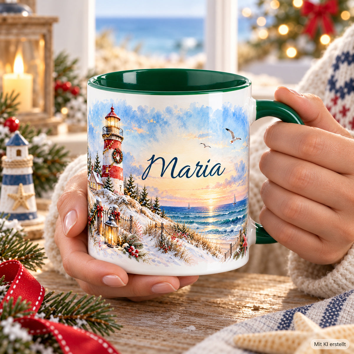 Erwachsene Hände halten die grün-weiße Weihnachtstasse mit dem Küstenmotiv Weihnachtsleuchtturm.