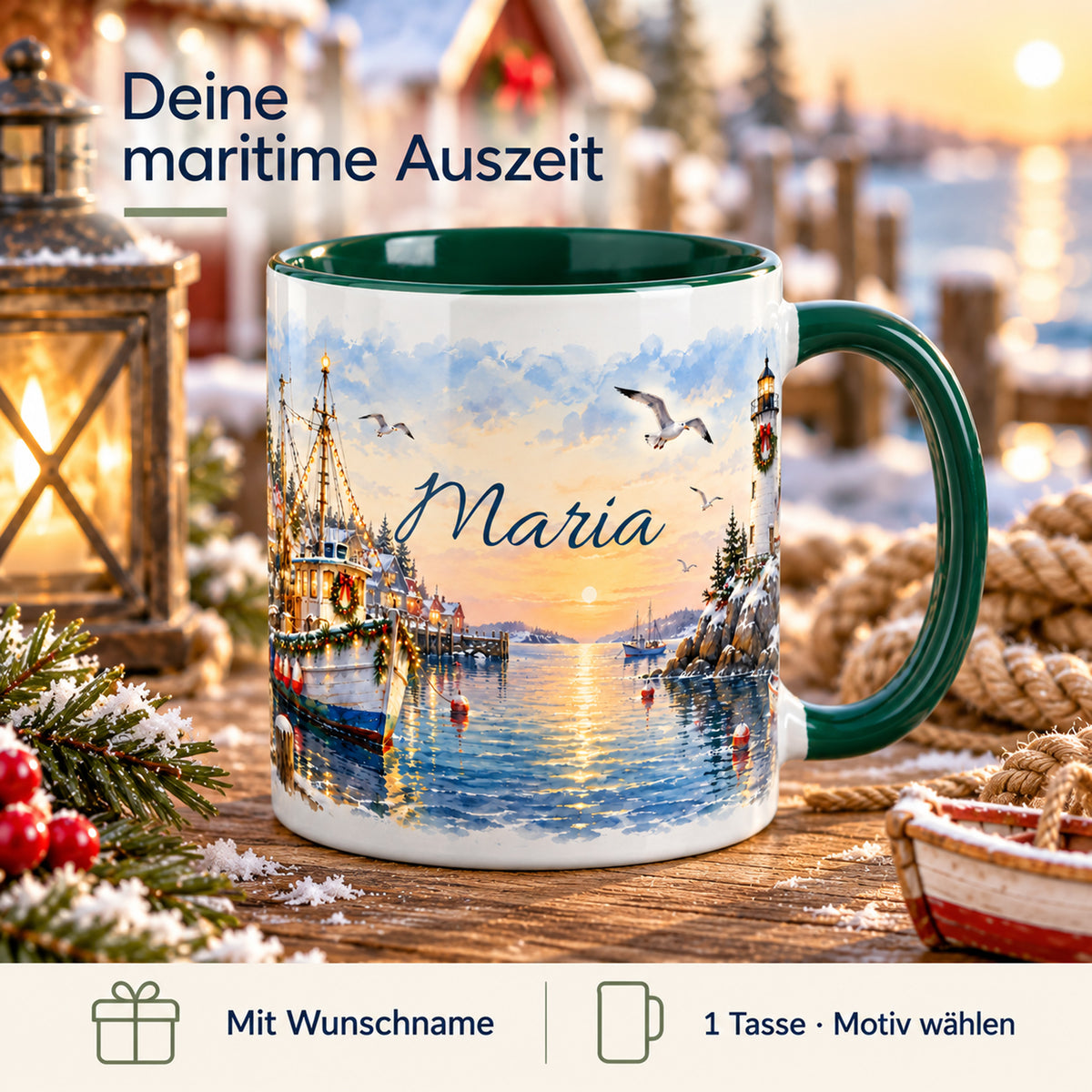 Maritime Weihnachtstasse Festlicher Fischerhafen mit Hinweisen auf Wunschname und die Auswahl einer Tasse.