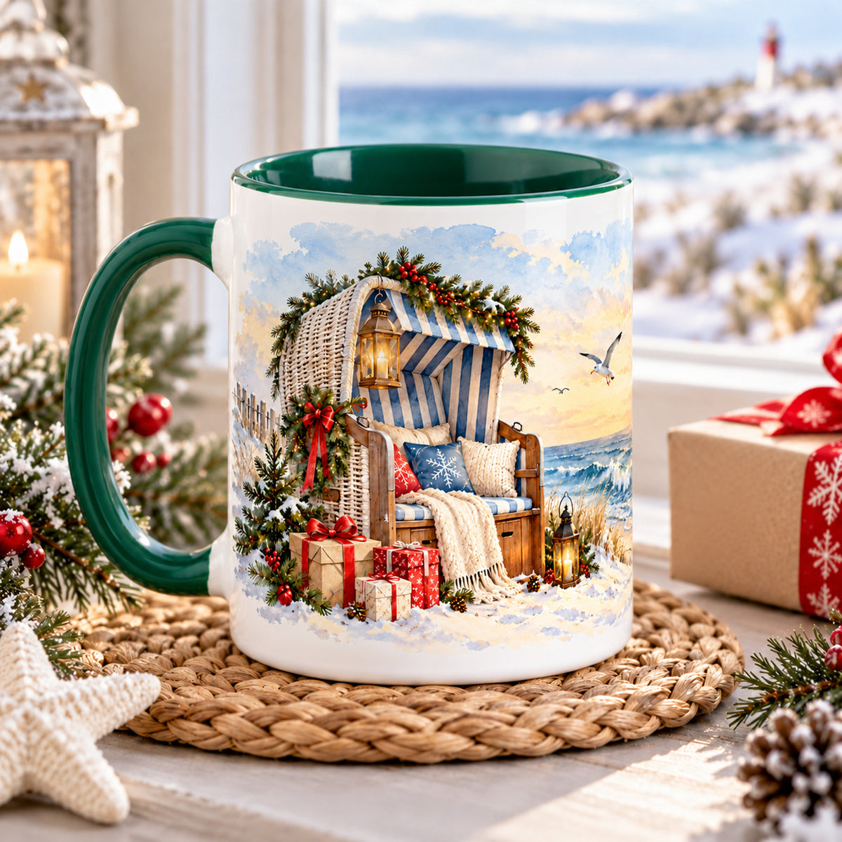 Weitere Ansicht der grün-weißen Tasse mit einem Abschnitt des weihnachtlichen Küstenpanoramas Weihnachten am Strandkorb.