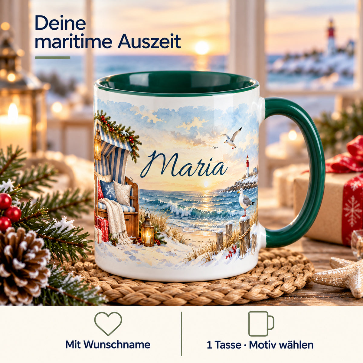 Maritime Weihnachtstasse Weihnachten am Strandkorb mit Hinweisen auf Wunschname und die Auswahl einer Tasse.