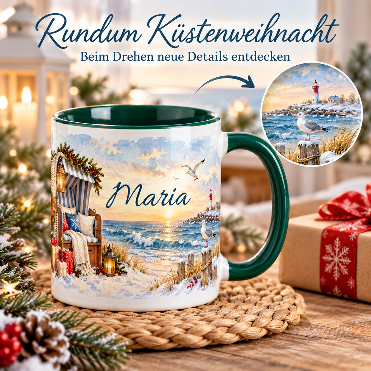 Eine Weihnachtstasse Weihnachten am Strandkorb mit Drehpfeil und Detailausschnitt des Rundummotivs.