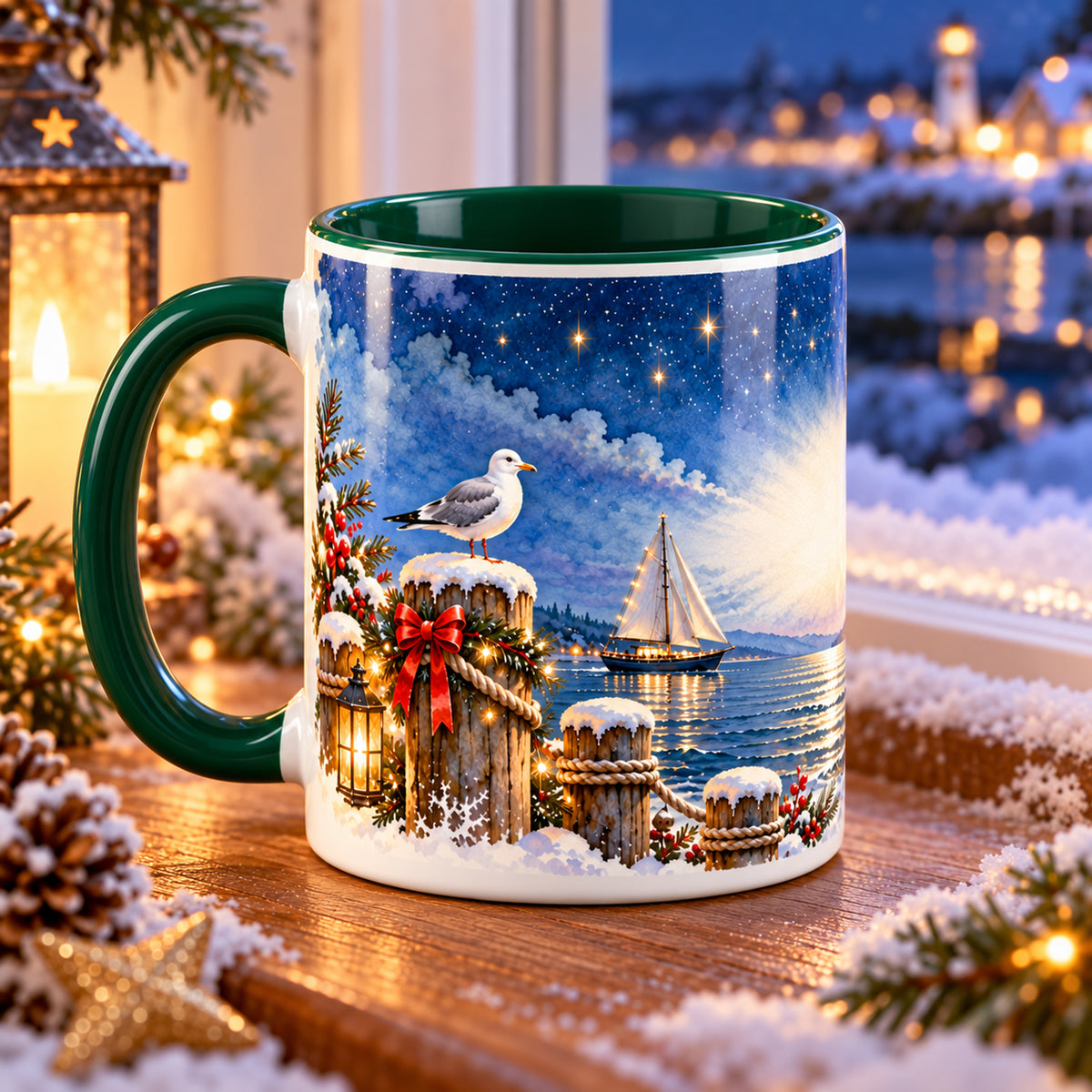 Weitere Ansicht der grün-weißen Tasse mit einem Abschnitt des weihnachtlichen Küstenpanoramas Küstenweihnacht bei Nacht.