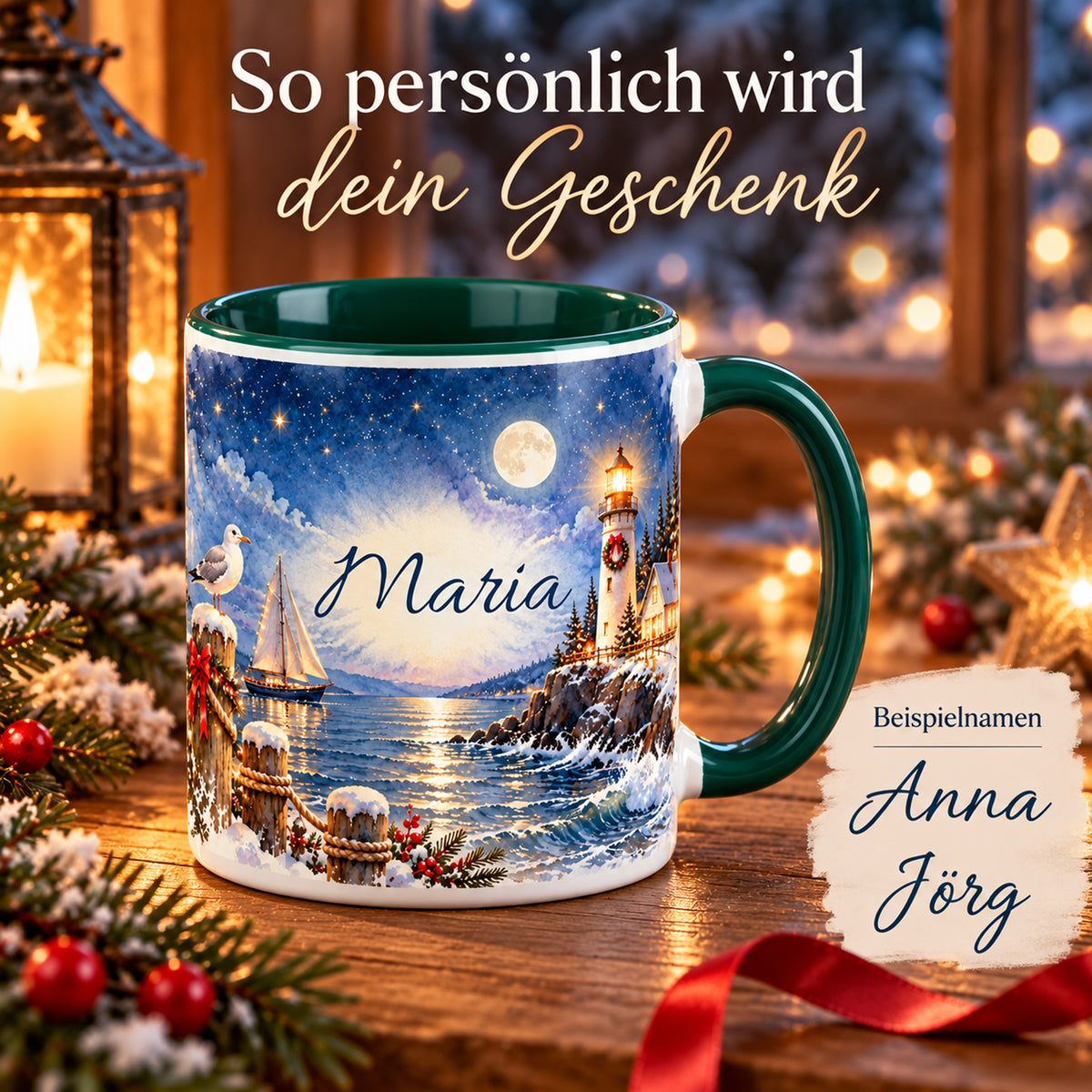 Weihnachtstasse Küstenweihnacht bei Nacht mit Namensdruck und separat gekennzeichneten Beispielnamen.