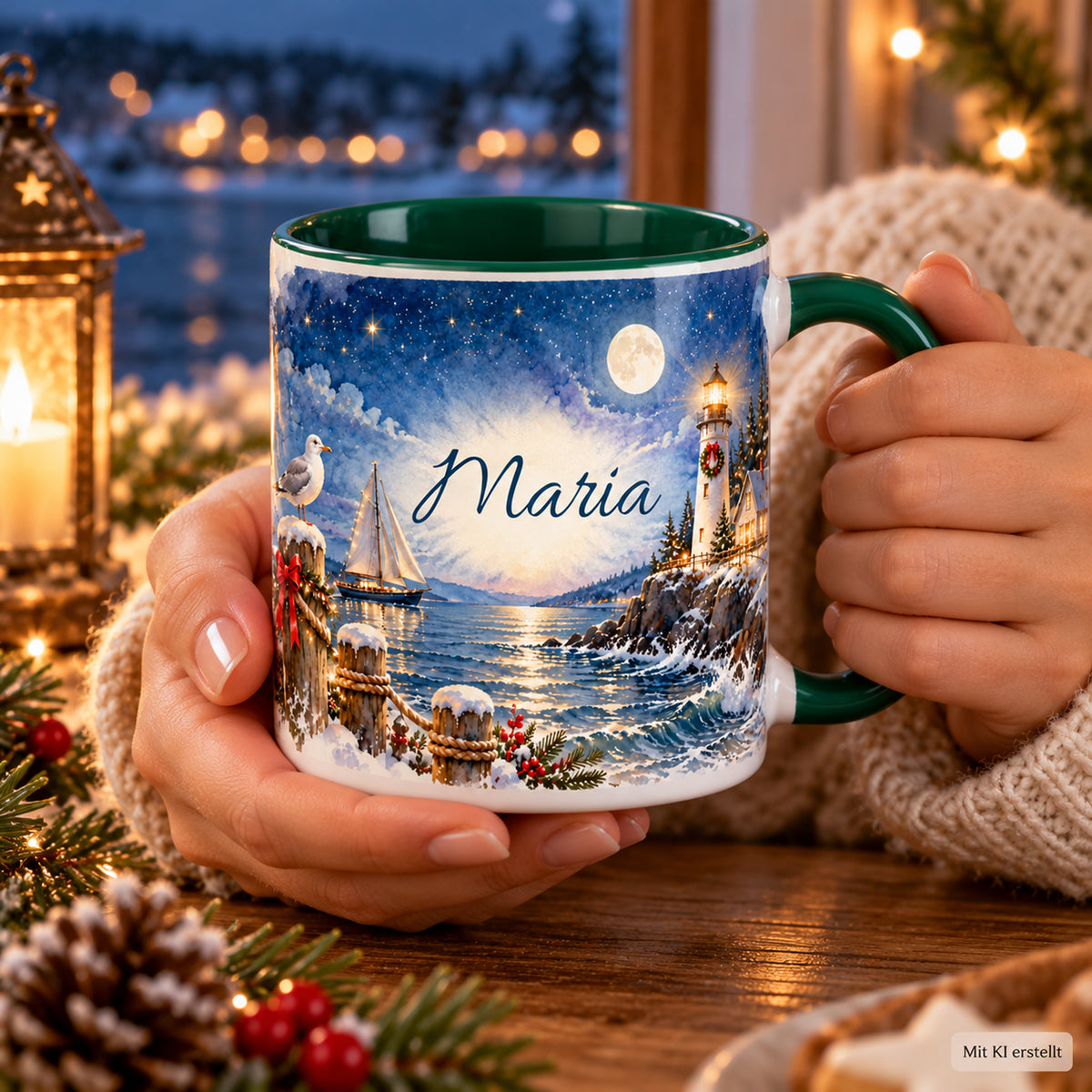 Erwachsene Hände halten die grün-weiße Weihnachtstasse mit dem Küstenmotiv Küstenweihnacht bei Nacht.