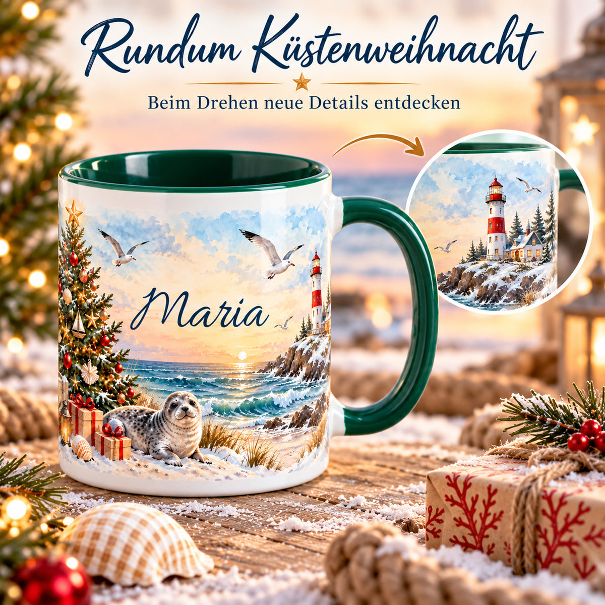 Eine Weihnachtstasse Weihnachtsbaum am Meer mit Drehpfeil und Detailausschnitt des Rundummotivs.