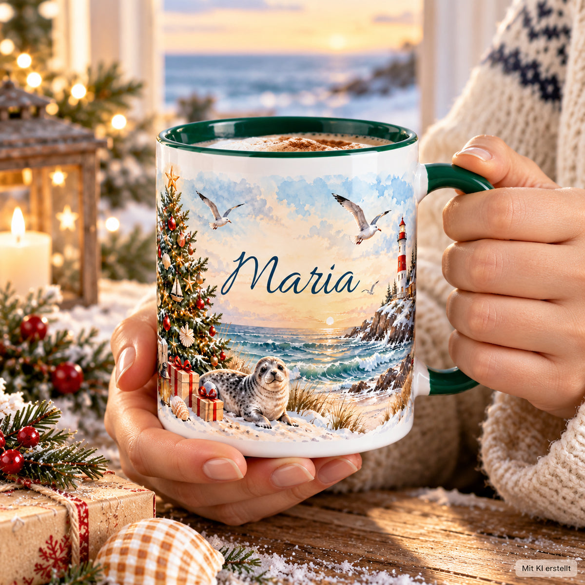 Erwachsene Hände halten die grün-weiße Weihnachtstasse mit dem Küstenmotiv Weihnachtsbaum am Meer.