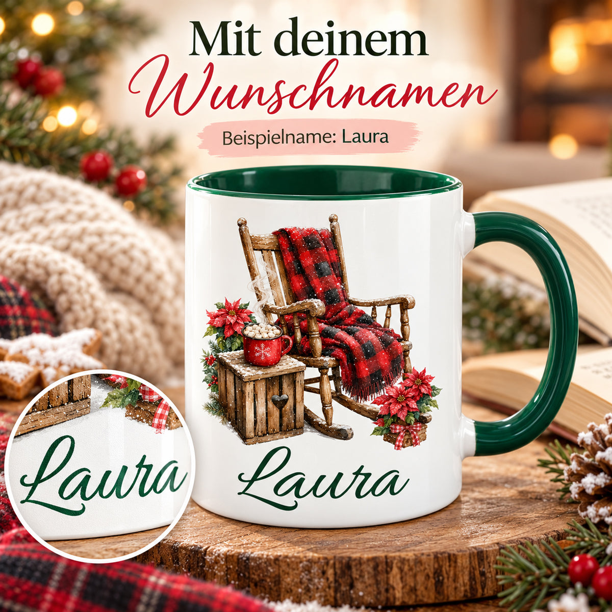 Personalisierte Tasse mit Schaukelstuhl-Motiv; vergrößertes Detail der dunkelgrünen Namensschrift.