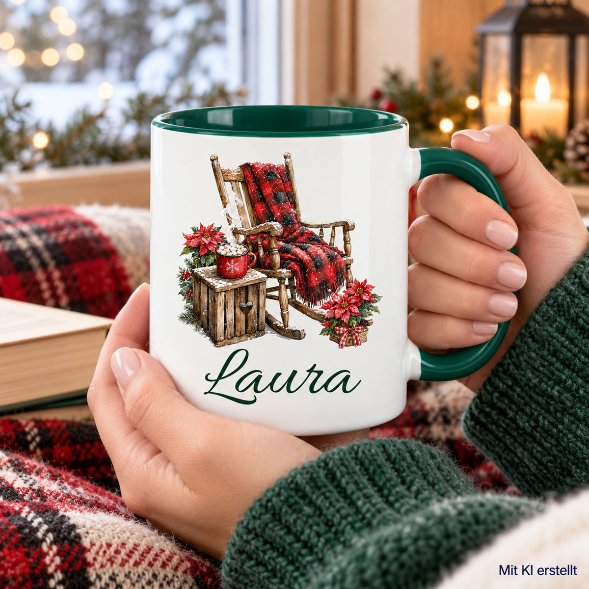 In Händen gehaltene Tasse mit Schaukelstuhl-Motiv und Wunschname, als KI-Bild gekennzeichnet.