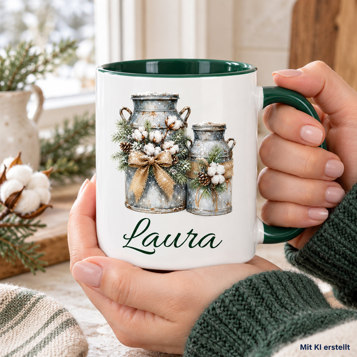 In Händen gehaltene Tasse mit Milchkannen-Motiv und Wunschname, als KI-Bild gekennzeichnet.
