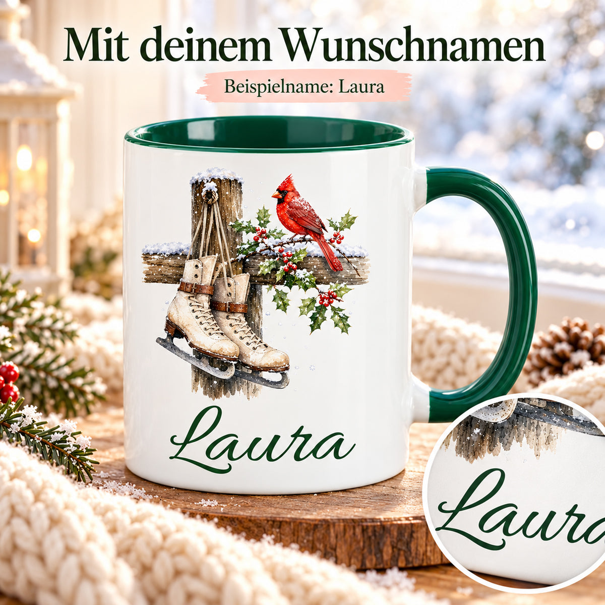 Personalisierte Tasse mit Schlittschuhe-Motiv; vergrößertes Detail der dunkelgrünen Namensschrift.