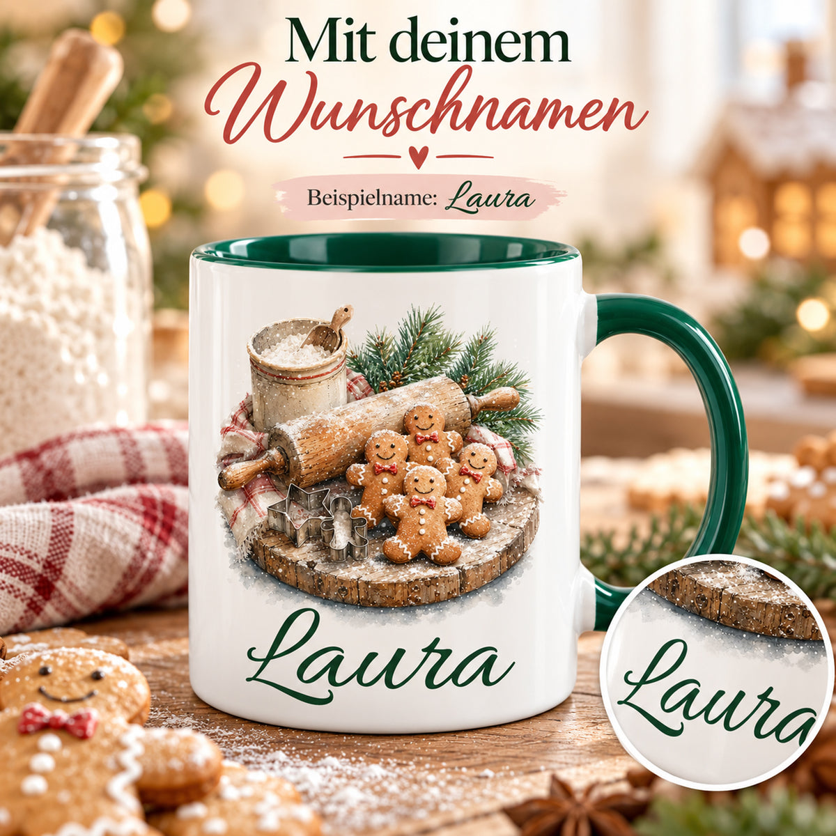Personalisierte Tasse mit Weihnachtsbäckerei-Motiv; vergrößertes Detail der dunkelgrünen Namensschrift.