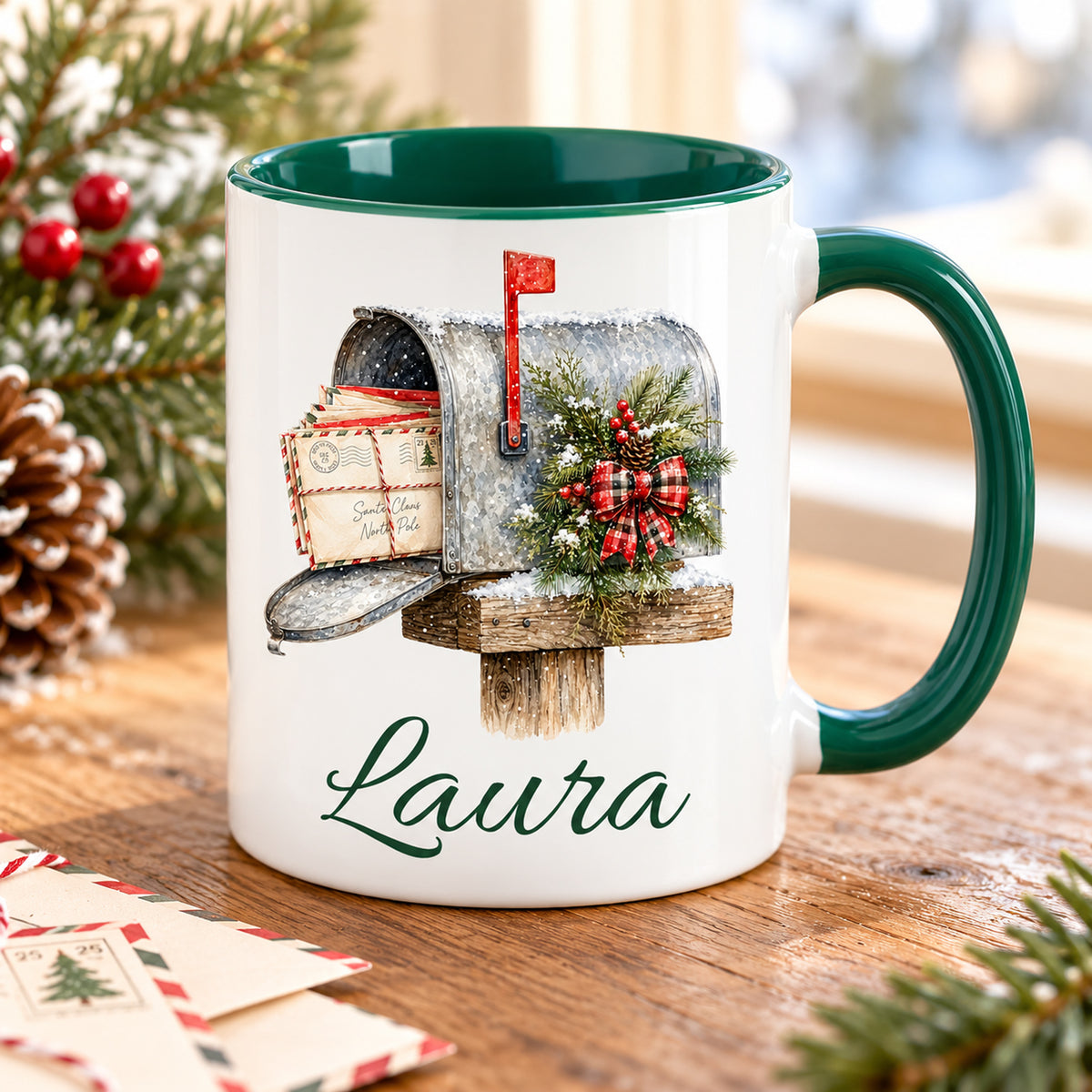 Schrägansicht der Tasse mit Weihnachtspost-Motiv und Wunschname; grüner Innenraum sichtbar.