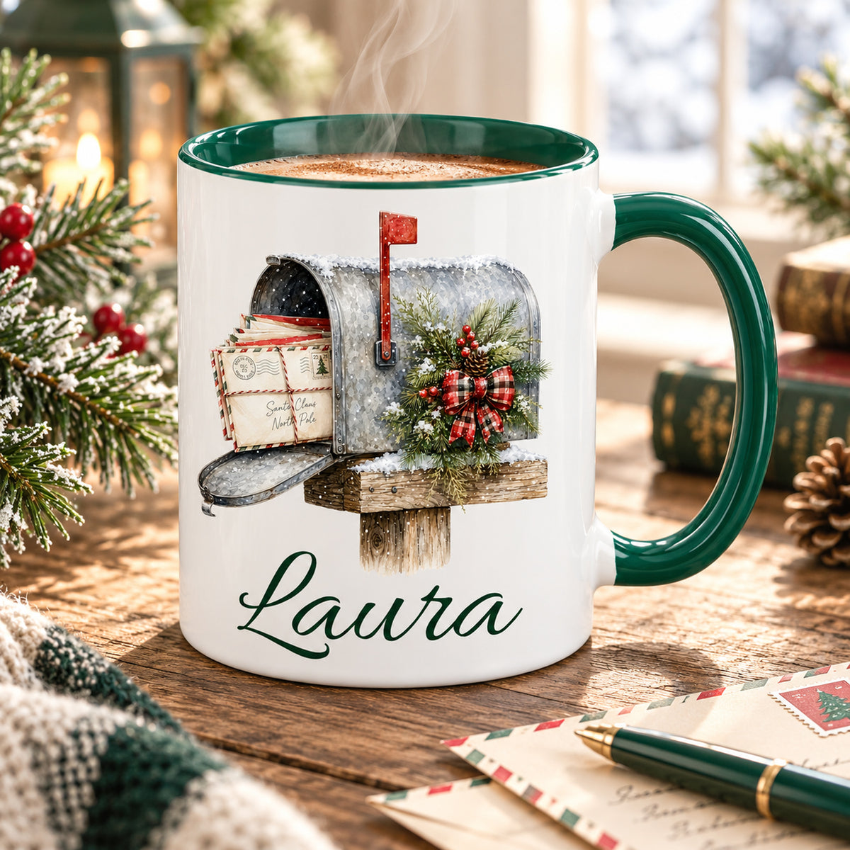 Tasse mit Weihnachtspost-Motiv und Wunschname in einer weihnachtlichen Wohnszene.