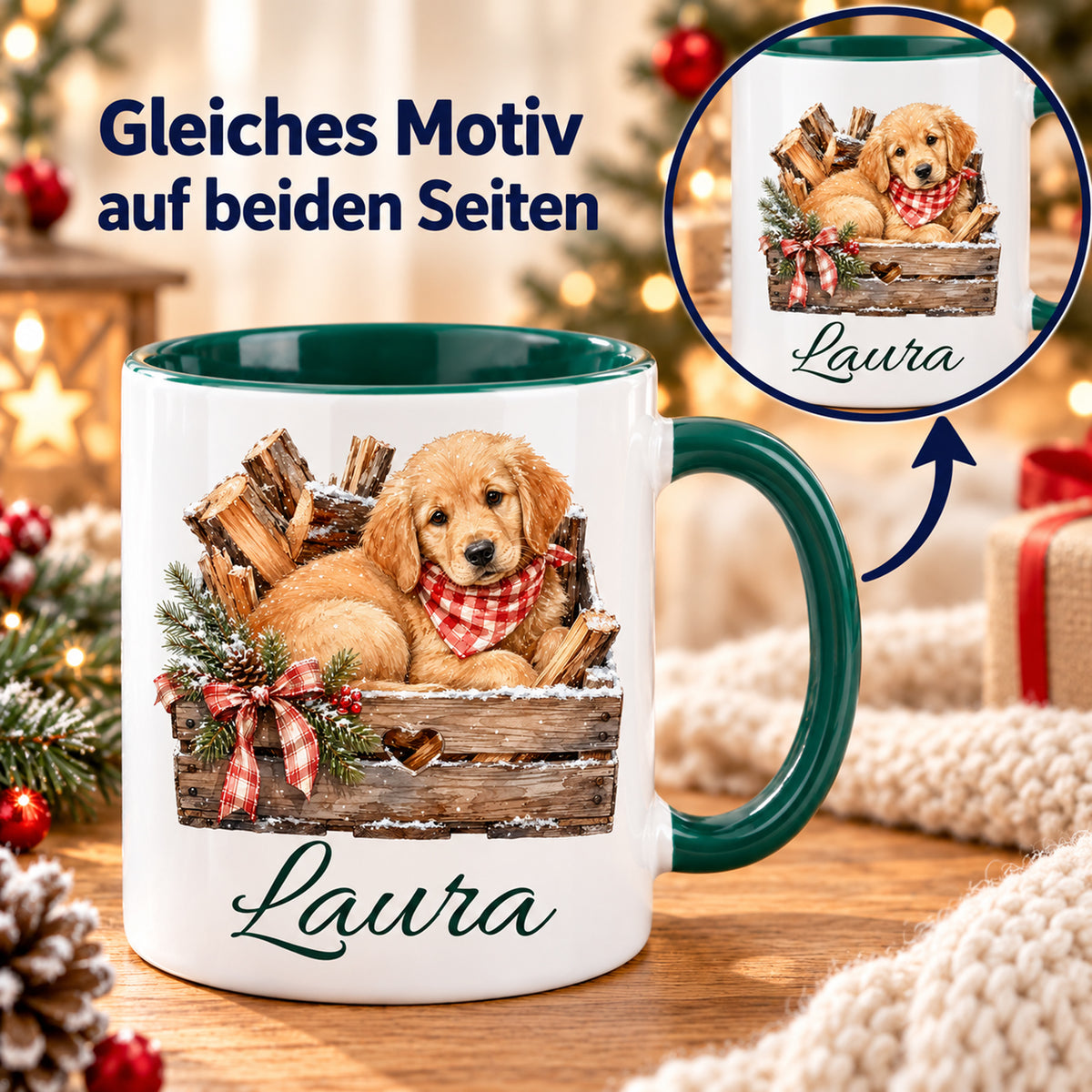 Vorder- und Rückseite der Tasse mit gleichem Hund-Motiv und Wunschname.
