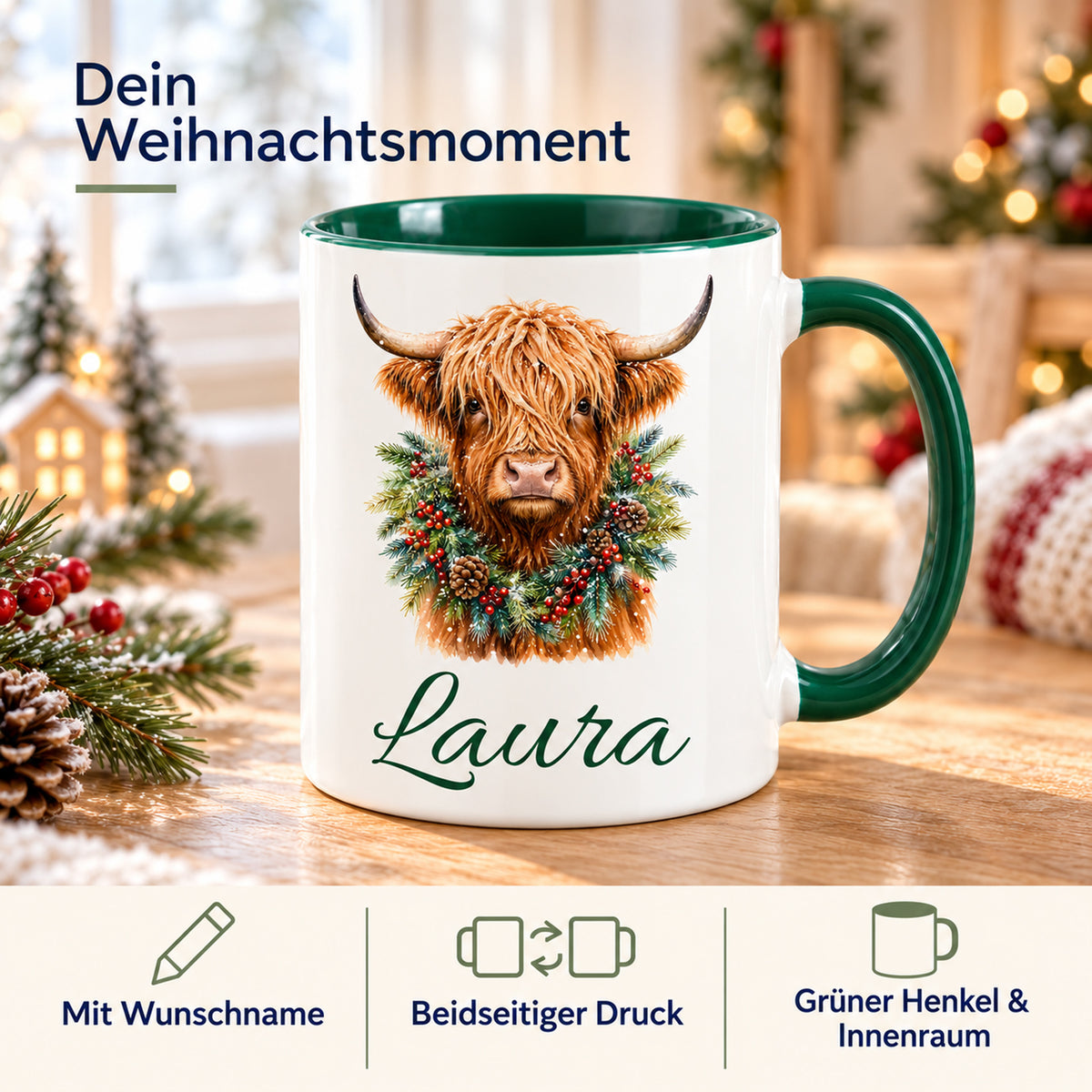 Tasse mit Hochlandrind-Motiv: Wunschname, beidseitiger Druck sowie grüner Henkel und Innenraum.