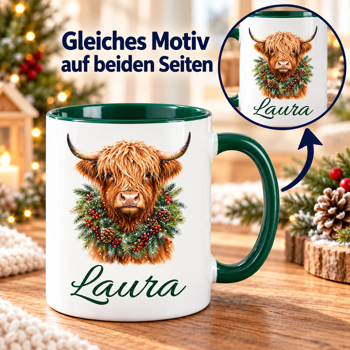 Vorder- und Rückseite der Tasse mit gleichem Hochlandrind-Motiv und Wunschname.