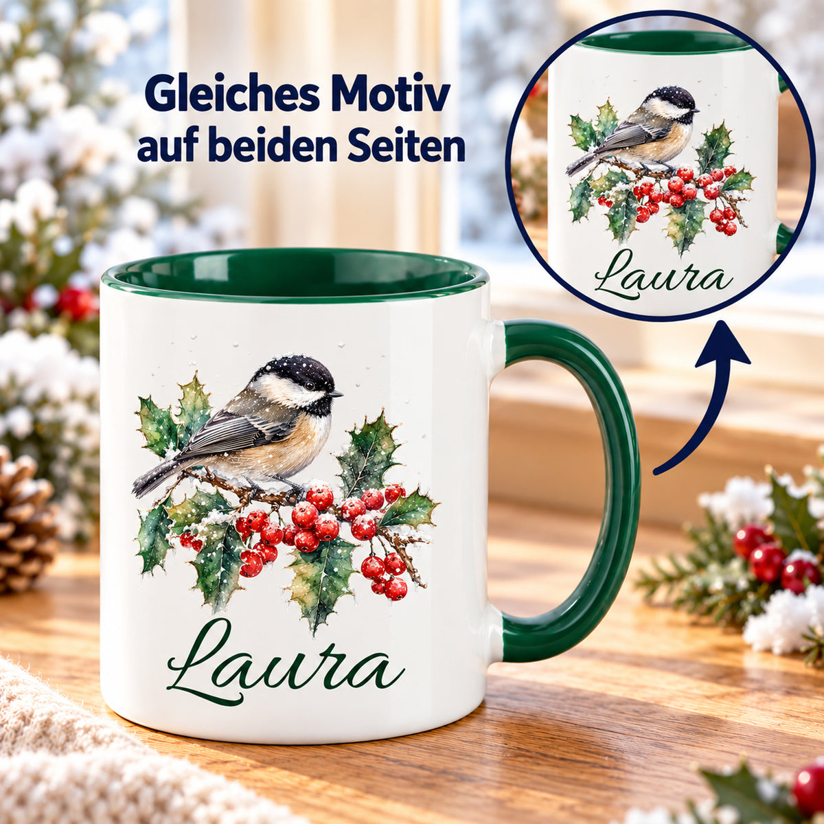 Vorder- und Rückseite der Tasse mit gleichem Wintervogel-Motiv und Wunschname.