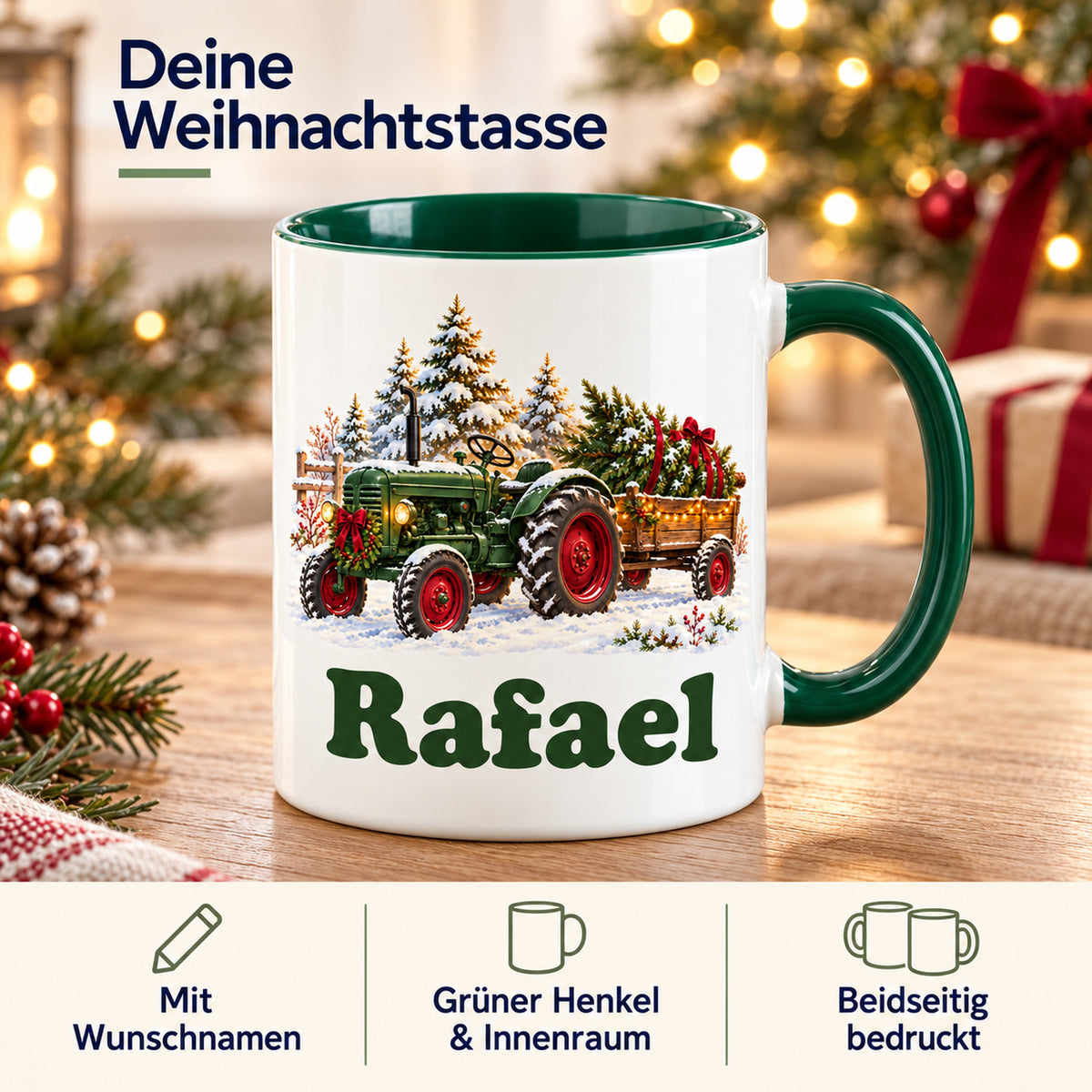 Weiße Tasse mit grünem Henkel und Innenraum; Infografik zu Wunschname, grünen Akzenten und beidseitigem Druck.